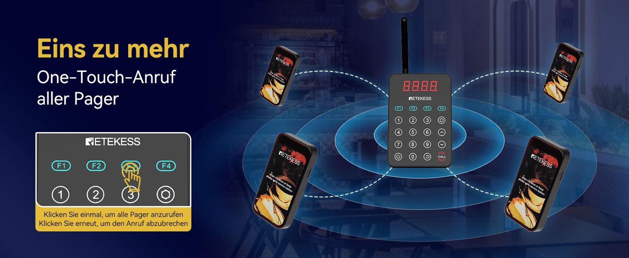 Retekess TD177 Restaurant Pager System, 500m Kundenrufsystem, 20 Pagers, 7 Rufmodi, EIN-Tasten-Kopplung, Außer-Reichweite-Alarm, für Cafe, Kneipen