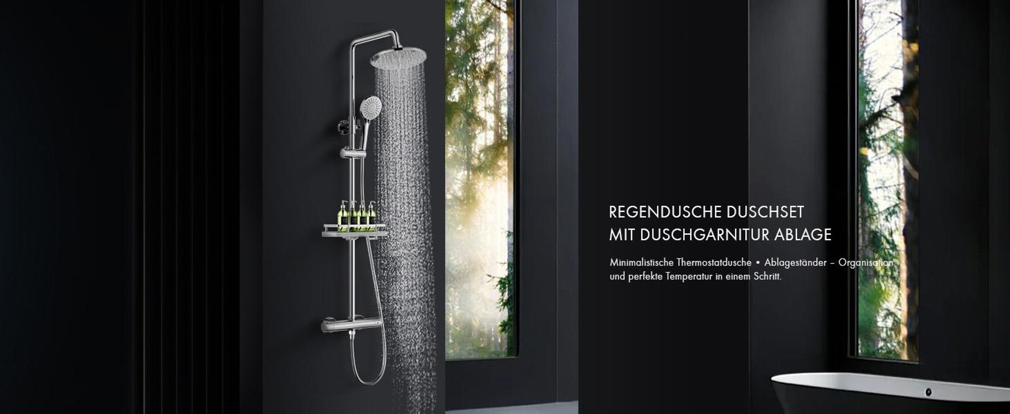 Duschsystem mit Thermostat Edelstahl & Regal, Edelstahl Duscharmatur Set mit Handbrause & Kopfbrause, 3 Strahlarten, Höhenverstellbar, Chrom