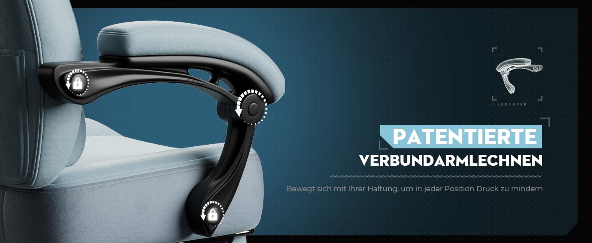 LUCKRACER Gaming Stuhl, Bürostuhl mit verbundenen Armlehnen, Memory-Schaum-Kissen, 90–155° Neigungswinkel und Fußstütze, strapazierfähigem Funktionsge