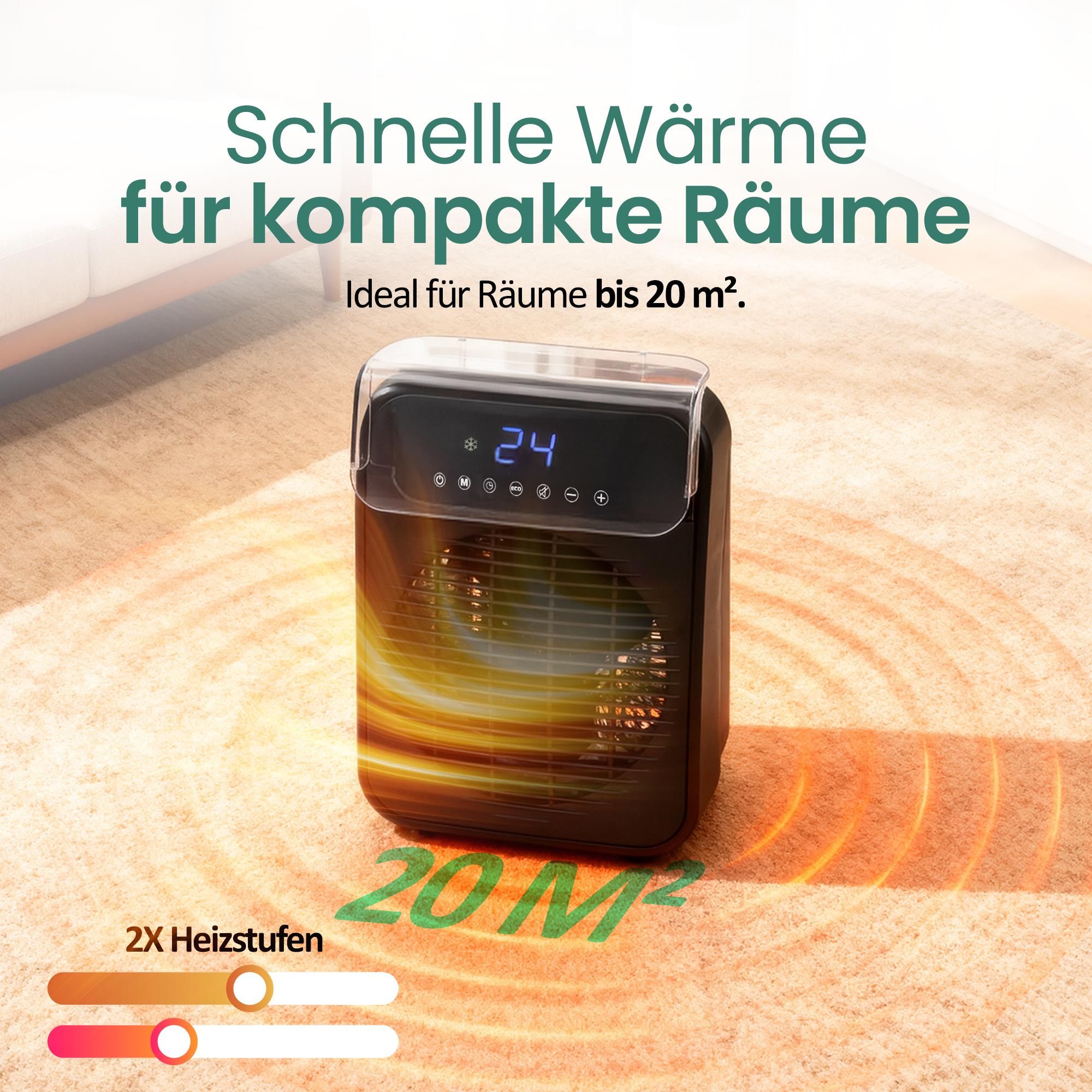 Emerio Heizlüfter FH-215085.1 – 2 Heizstufen – Einstellbarer Thermostat – Digitaldisplay – Timer – 20 m² – IP21 –  Schwarz