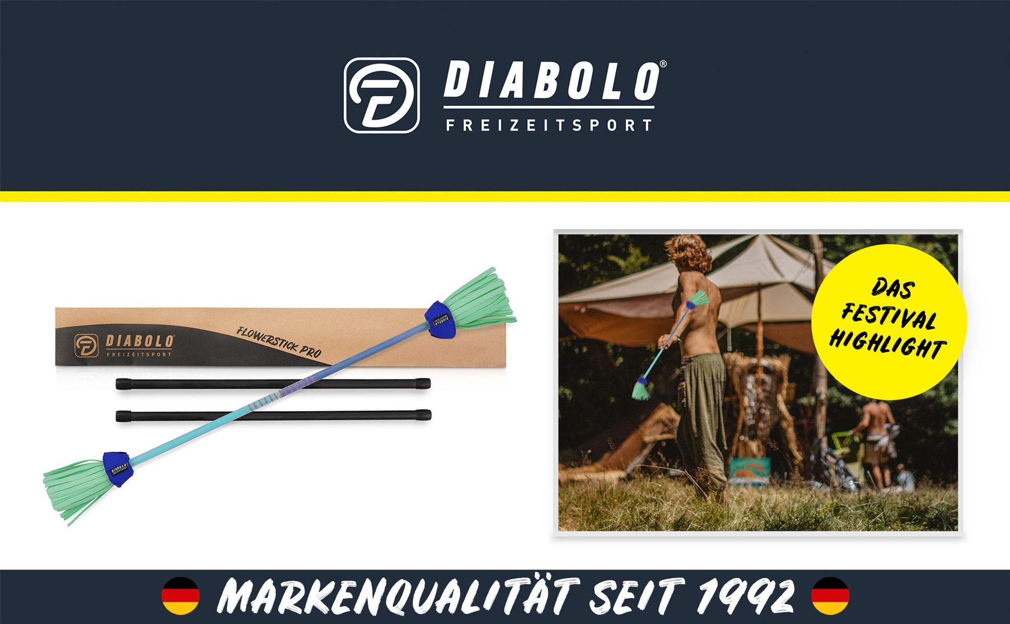Diabolo Leisure Sport Flowerstick – Flowerstick Basic UV blau-türkis mit Fiberglas-Handstöcken Robuster Flowerstick für Anfänger und Fortgeschrittene
