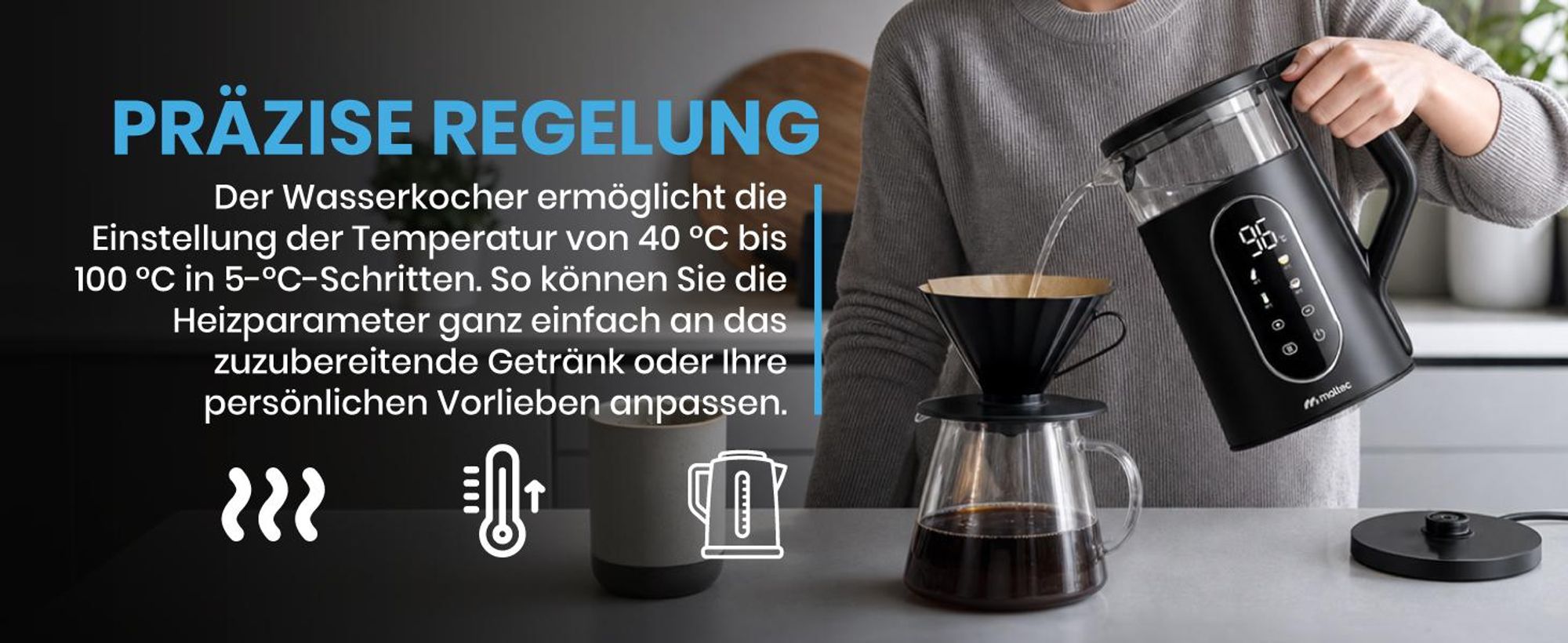 Wasserkocher mit Temperaturregelung 1,7 L Warmhaltefunktion 40–100°C 2200W Kalkfilter