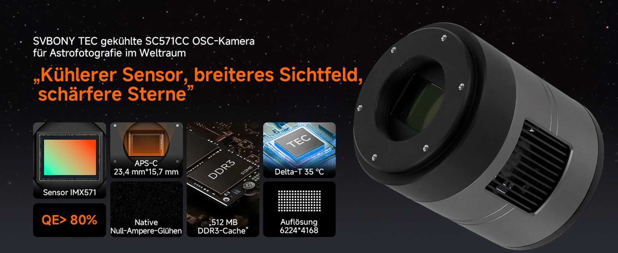SVBONY SC571CC Teleskopkamera mit 26MP IMX571 BSI-Sensor, 35° Zweistufige TEC Farbkühlung, Astronomische Kamera ohne Amp-Glow, für Emissionsnebel
