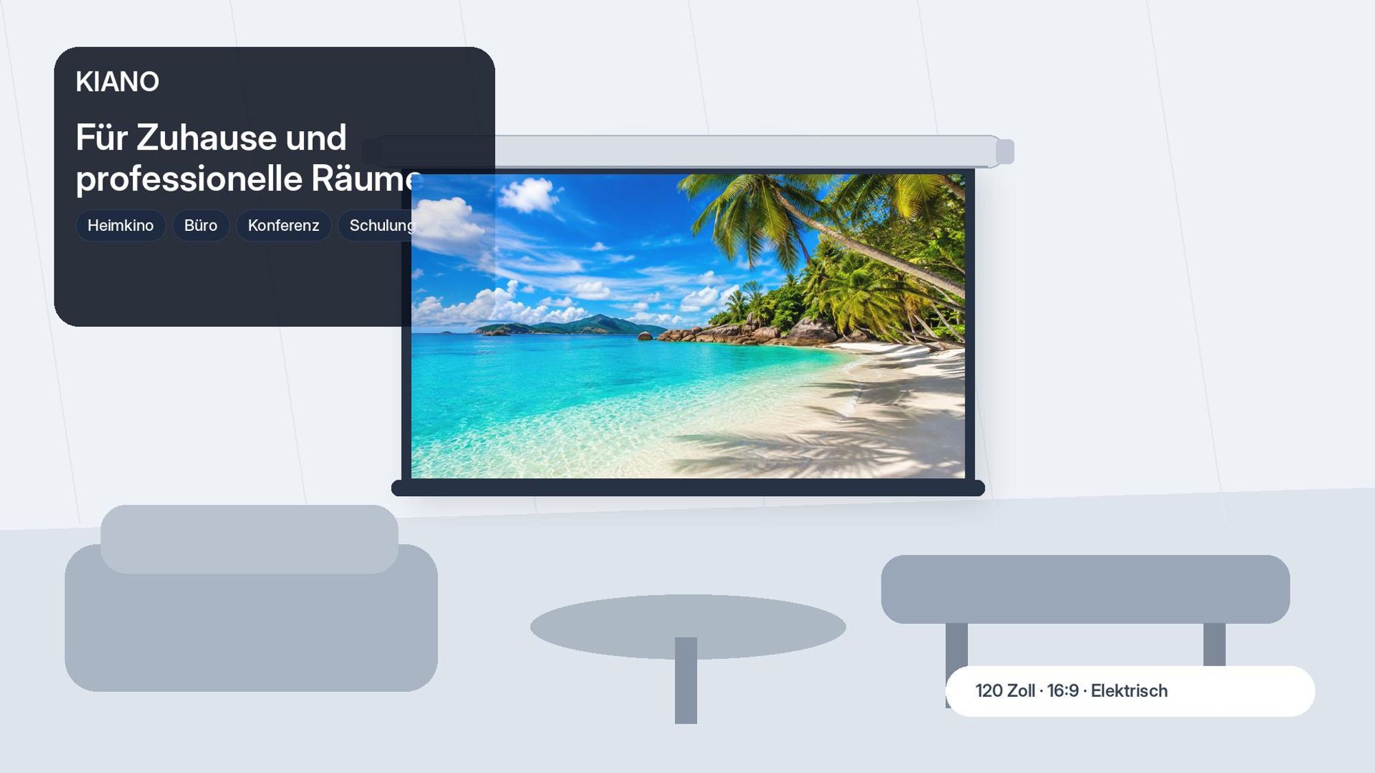 Kiano Electric 120 Zoll Beamer-Leinwand 16:9 Matt White, elektrisch, Wand- und Deckenmontage für Heimkino und Büro