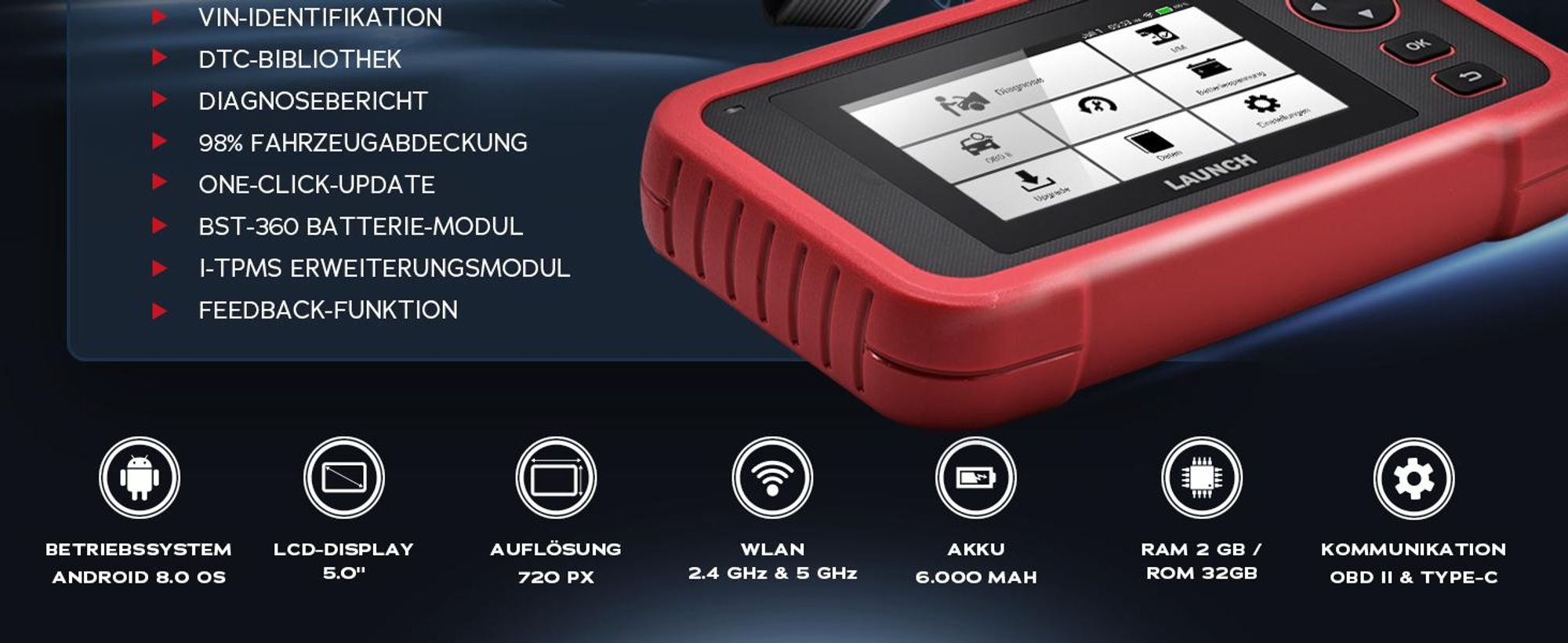 LAUNCH OBD2 Diagnosegerät CRP129EVO Plus mit Android 4 Systeme 13 Servicefunktionen 80+ Automarken 17 Sprachen lebenslange Updates