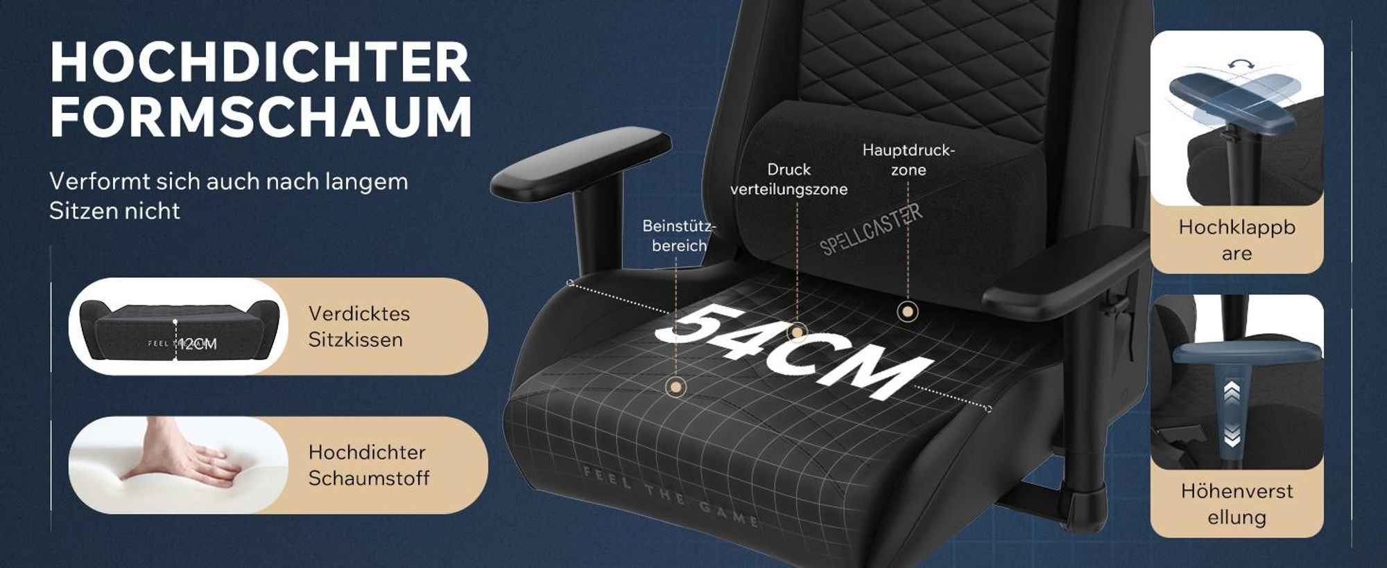 SENSE7 Spellcaster SENSHI XL Gaming Stuhl Schwarz - Ergonomischer Bürostuhl für große Personen 160kg Chefsessel Kaltschaum 2D-Armlehnen