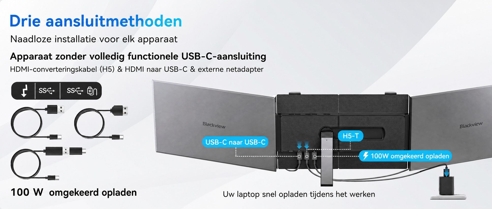 Blackview Draagbaar Scherm DCM6, 14 inch, Dubbel scherm laptopmonitor, ultradun, FHD, geschikt voor laptops van 13,3" tot 17,3", 180° draaibaar, compatibel met Windows/Mac/Android