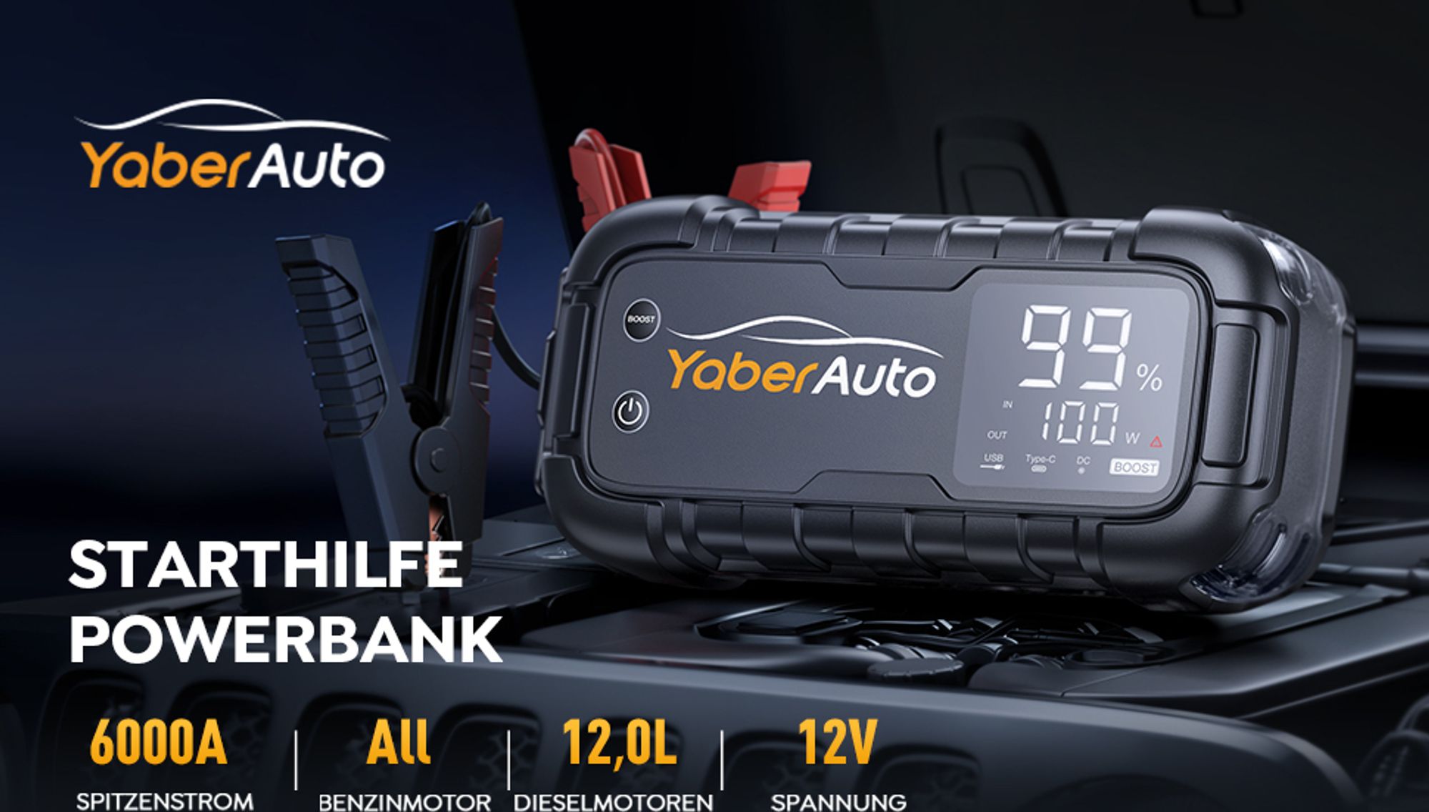 YaberAuto Starthilfe Powerbank, 6000A Spitzenstrom, 65W Schnellladung, Starter Powerbank Auto Starthilfe mit 3,3" LCD Bildschirm, Starthilfegerät
