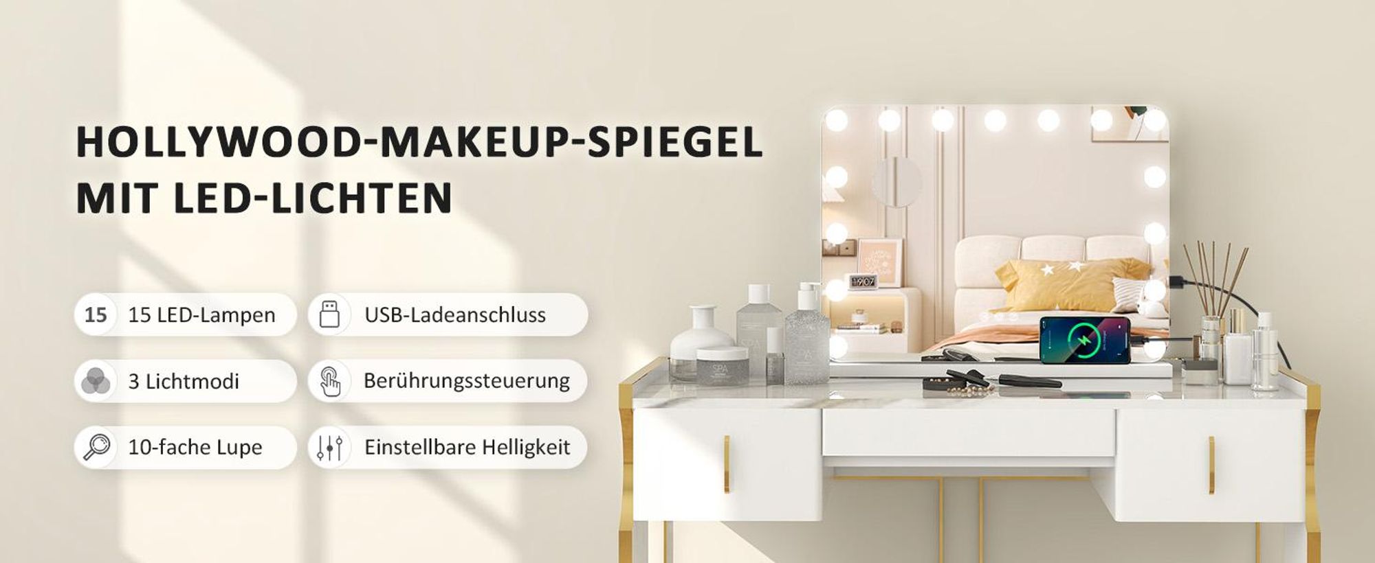 Puluomis Kosmetikspiegel Schminkspiegel 58x45cm Hollywood Spiegel Dimmbar mit 15 LED Beleuchtung 3 Farben, mit USB, 10x, Wandspiegel weiß, rund Ecke