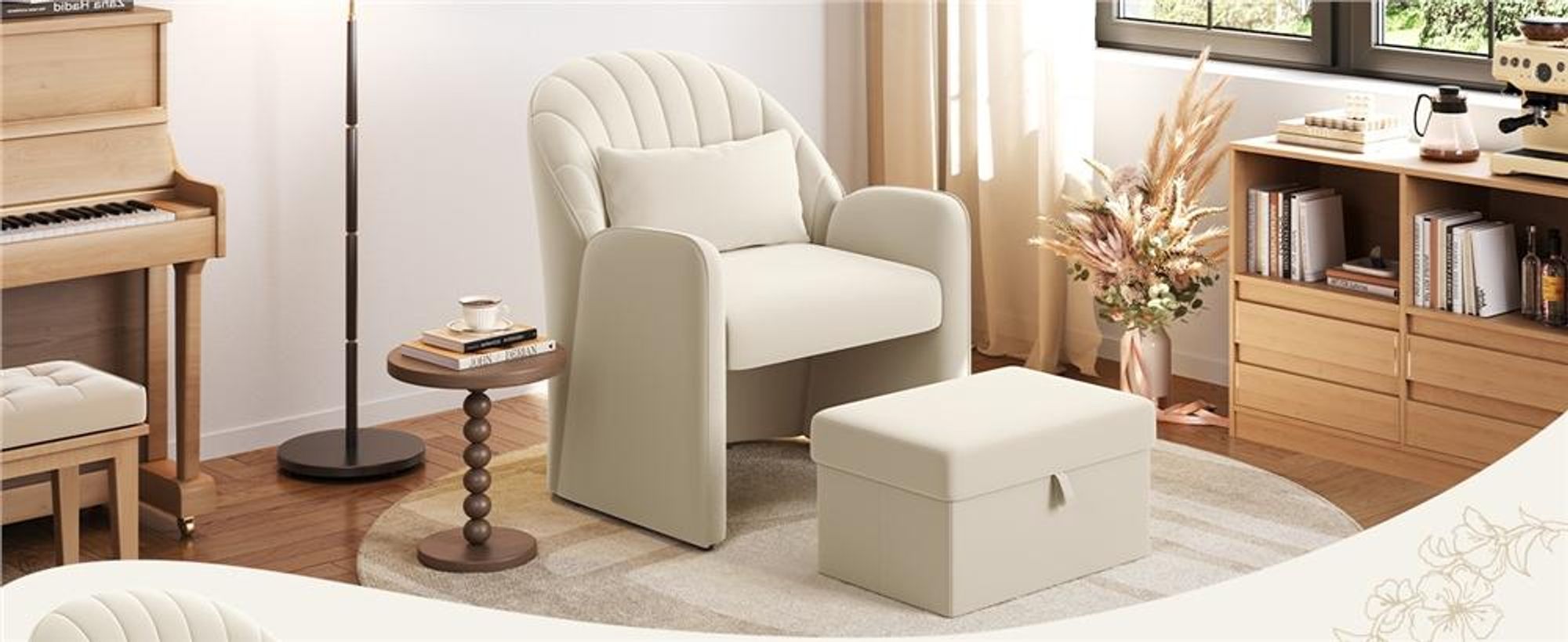 Yaheetech Sessel mit Hocker & Stauraum, bequemer Ohrensessel mit Rückenkissen, Relaxsessel aus Samt, Lounge Sessel für Büro/Schlafzimmer, Beige
