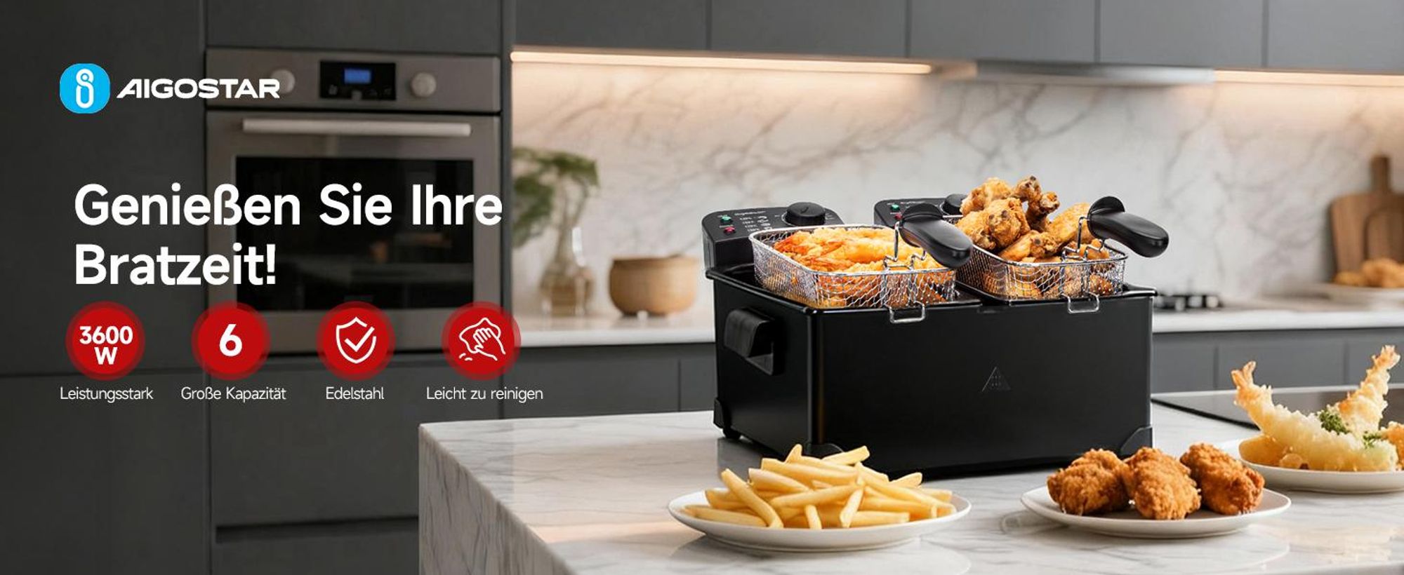 Aigostar - 6L Doppel-Fritteuse mit 2 Körben, Öl-Fritteuse mit Kaltzonenfunktion, 3600 W, Sichtfenster, Regelbarer Heizstufe bis 190°C