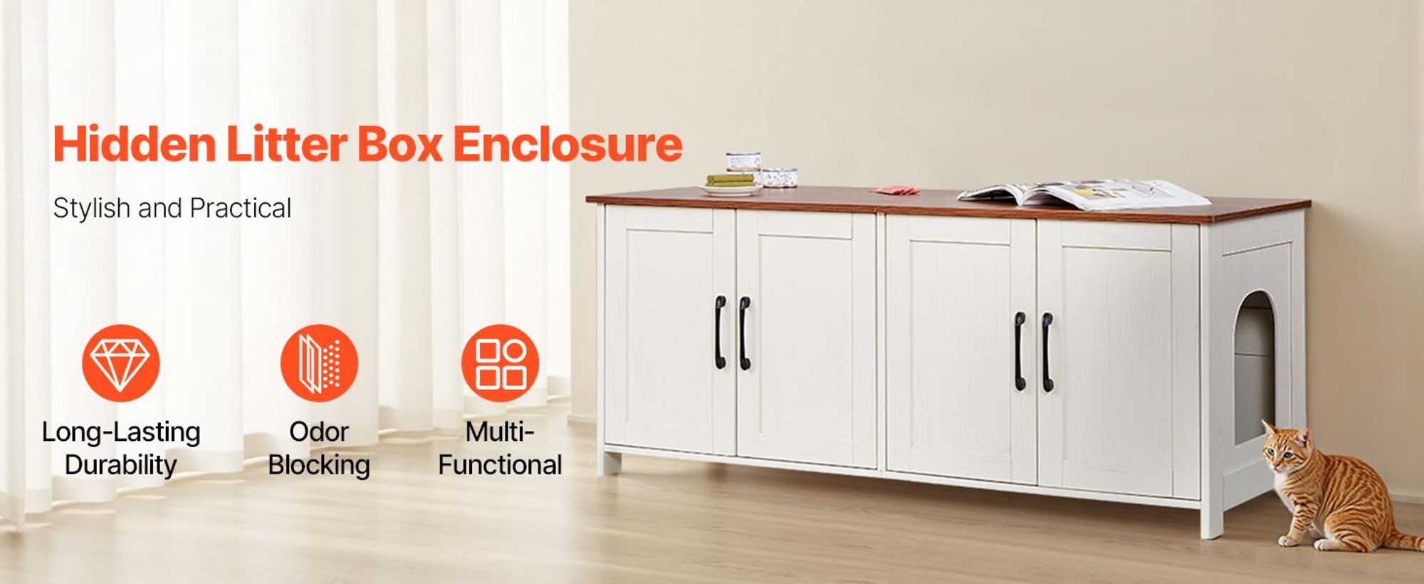 VEVOR Katzenschrank, 1200x450x500 mm, Katzenklo Schrank mit 4 Türen & 2 Eingängen, Katzentoilette für den Innenbereich, Katzenhaus aus Holz, passend für die meisten Katzentoiletten, Braun & Weiß