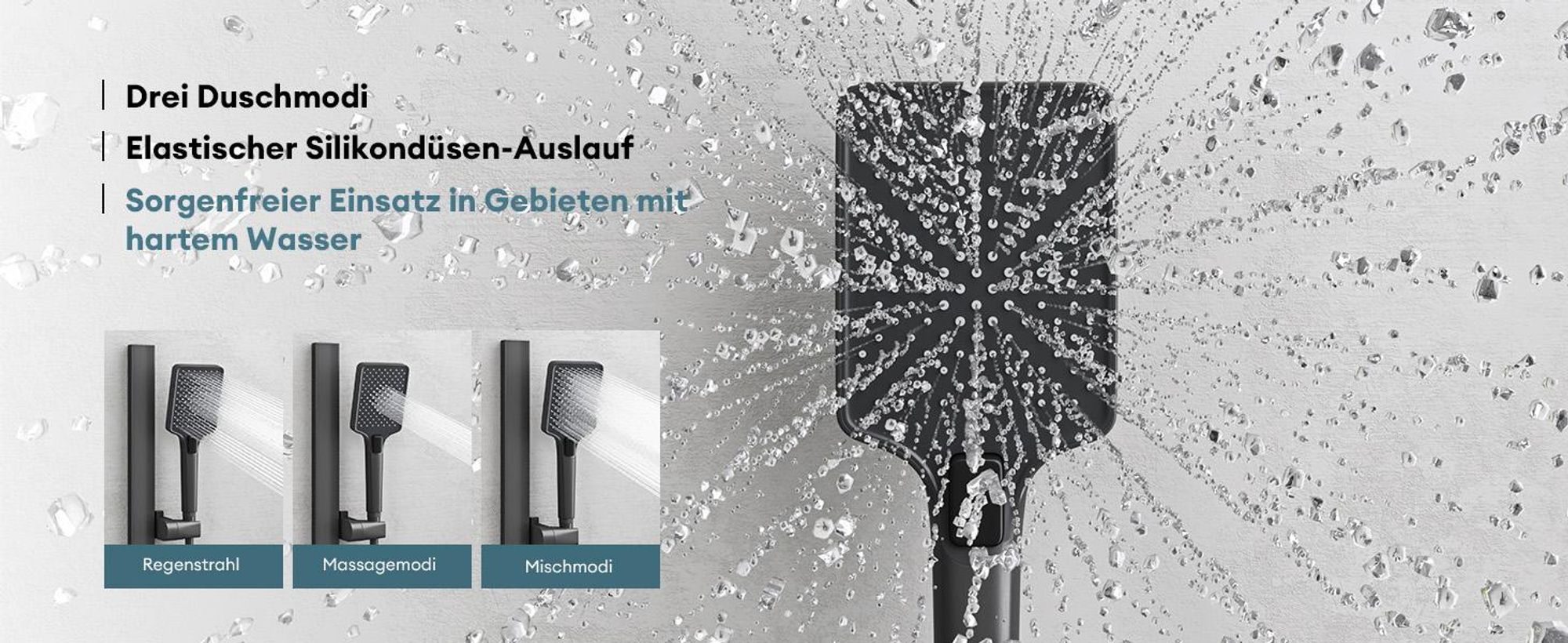 Mai & Mai Duschsystem mit Regendusche Duschkopf 3 Strahlarten höhenverstellbar Duschbrause mit Unterauslauf aus Aluminium Grau  Arvexa-02