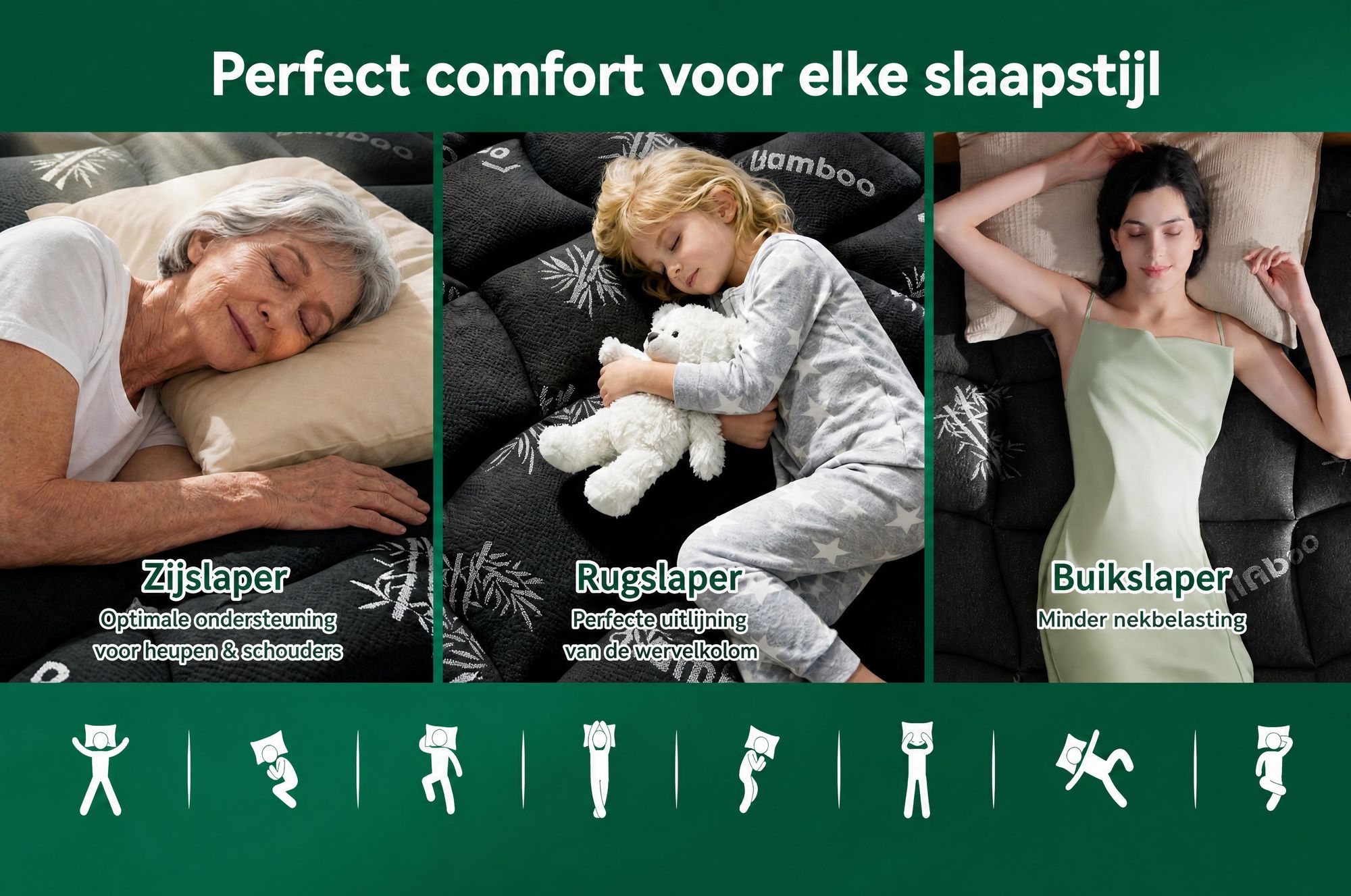NicePlus 2-in-1 Topper, 120x200x7 cm, traagschuim met 5 zones + bamboe tijk, met hoekelastieken geschikt voor alle matrassen, H2/H3, zwart