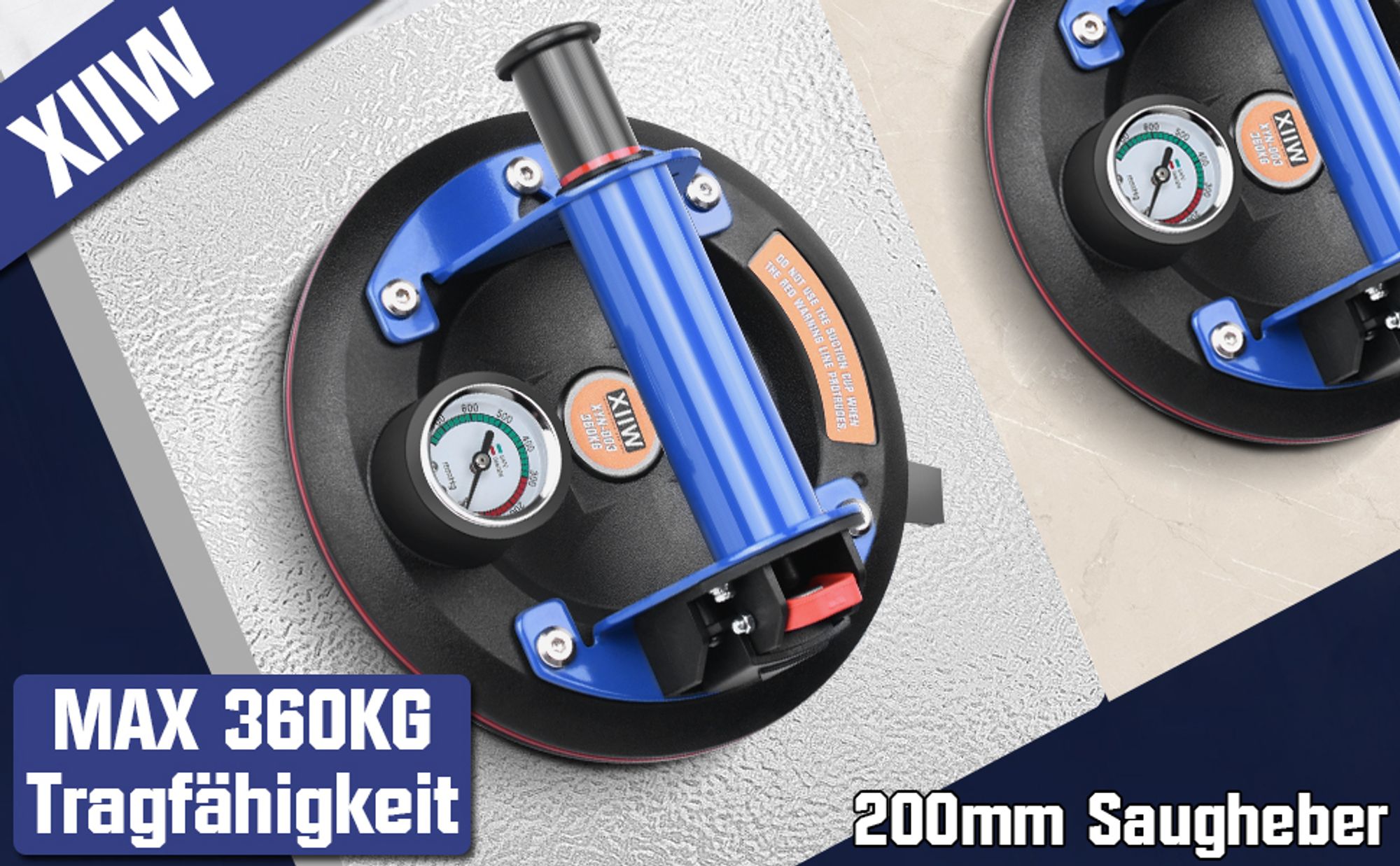 2X 8'' Saugheber Glasheber Metallgriff mit Manometer Max. 360kg, Vakuum Saugnapf Fliesenheber, Glassauger Saughalter für Fliesen,Glas,Metalle,Marmor