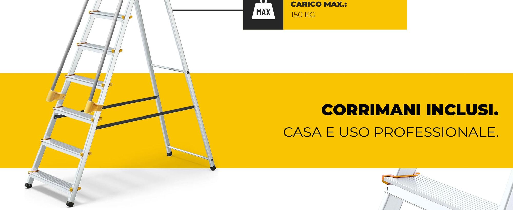 Drabest | Scala - 7 gradini, portata 150 kg - Scala con corrimano, scala in alluminio, piedini antiscivolo, scaletta, scala pieghevole