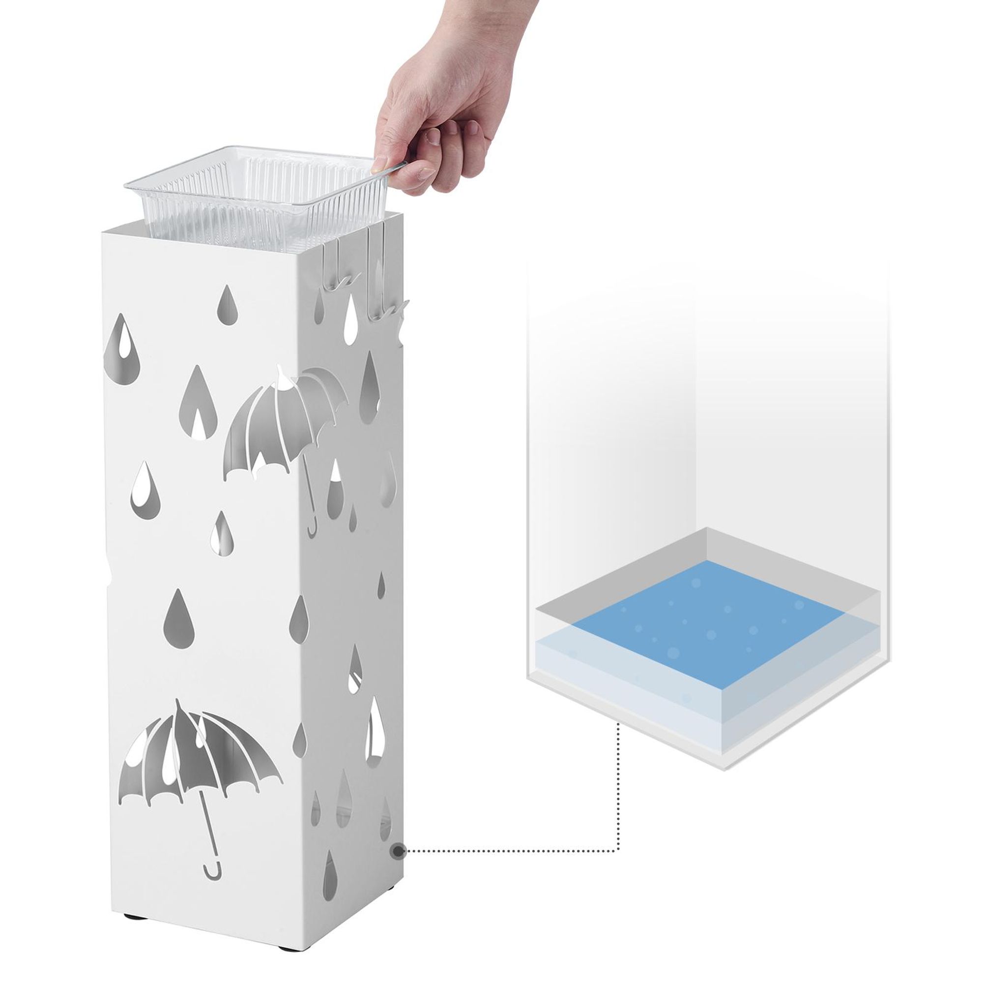 Regenschirmständer mit 2 Haken weiß Metall rechteckig Ø15,5 × 49 cm Regenschirm werden verschenkt Wasserauffangschale SONGMICS LUC49W