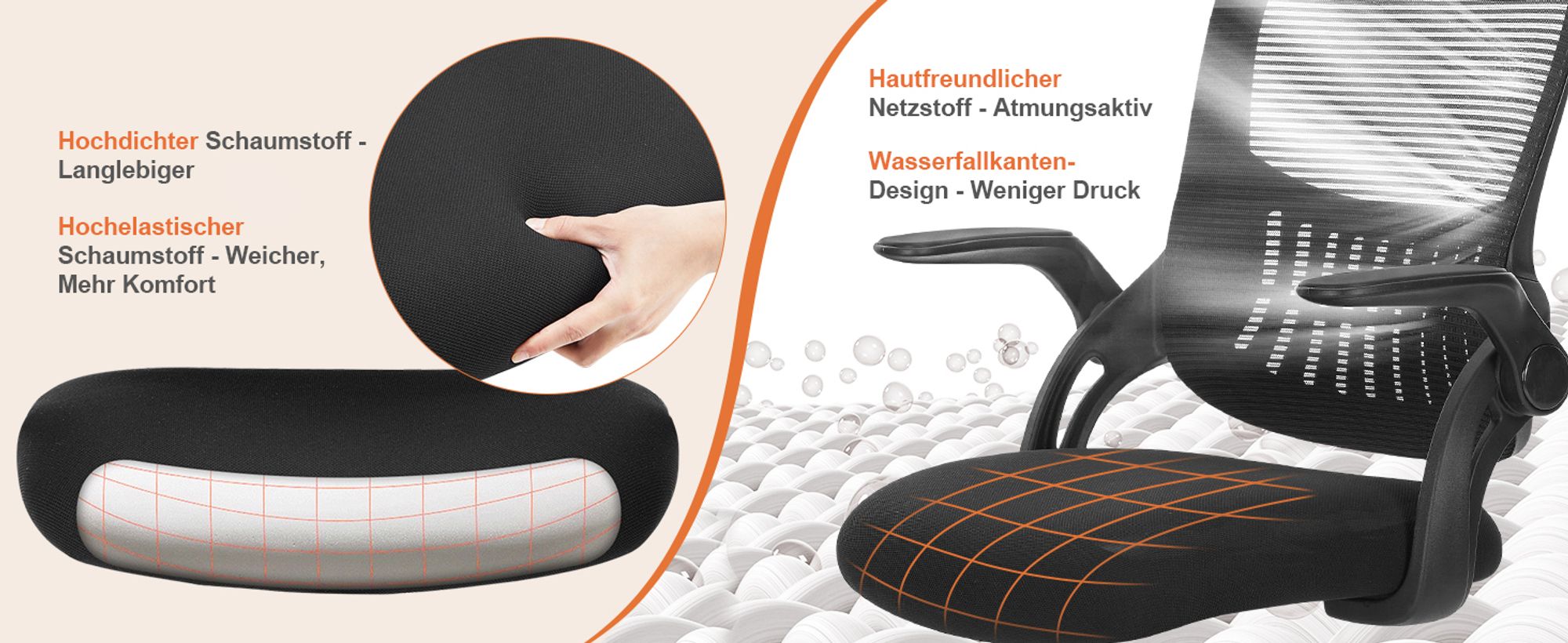 Bürostuhl Ergonomisch, Bürostuhl – Ergonomischer Sitz – Sessel mit 90° klappbarer Armlehne – Lordosenstütze – höhenverstellbar - Schwarz