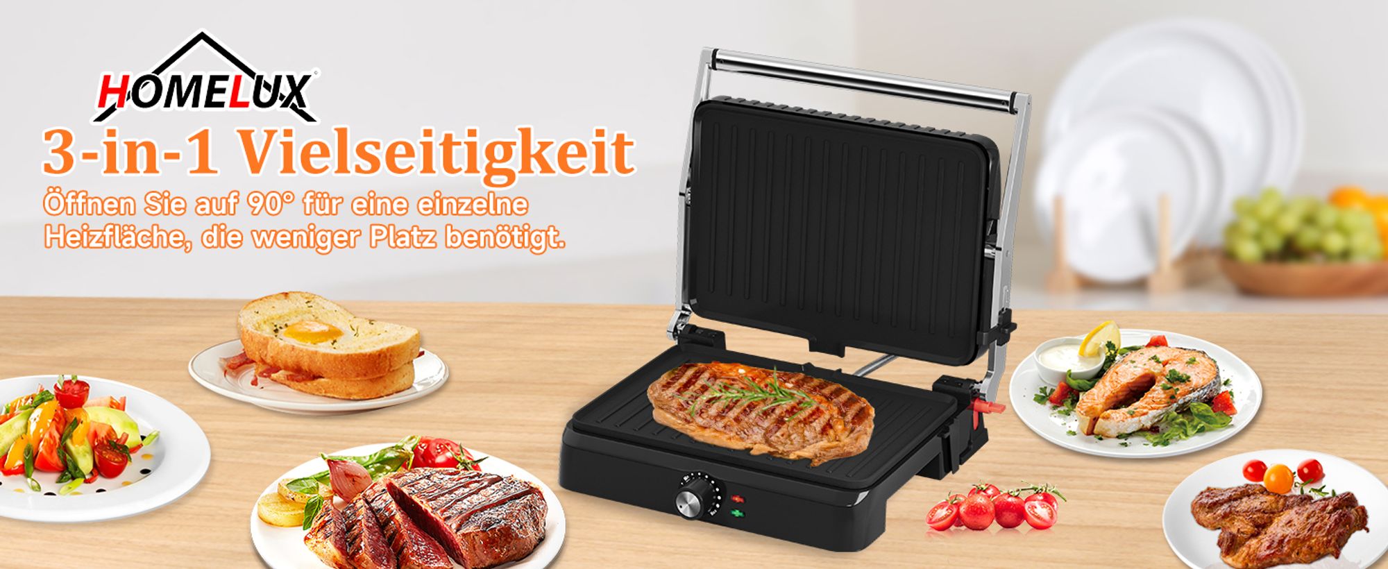 HOMELUX Kontaktgrill Tischgrill 2200W, Sandwichmaker, Panini Grill Multifunktion mit Auffangschale Antihaftbeschichtung Platten 34x23cm, Schwarz