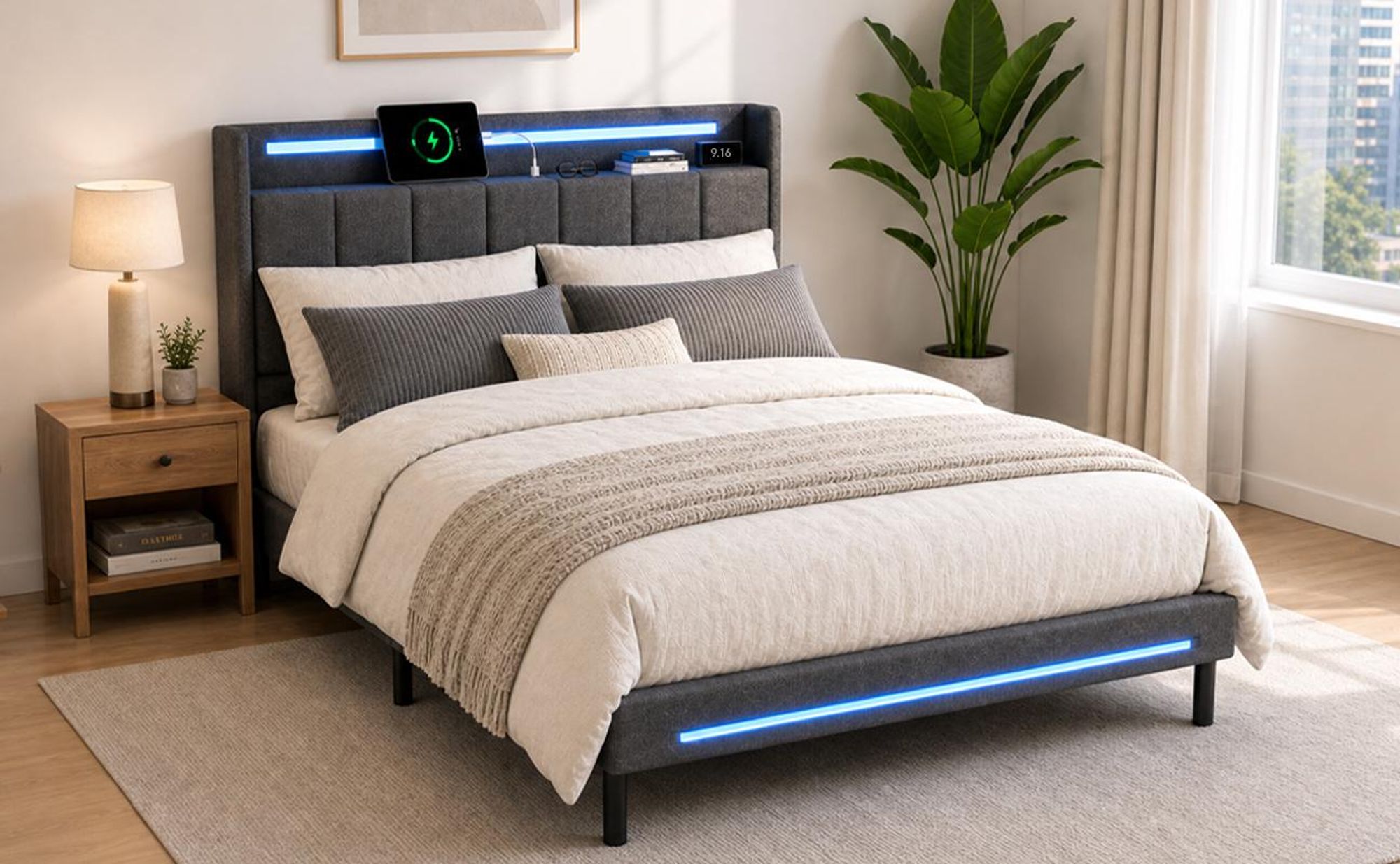 Polsterbett mit LED-Beleuchtung und USB-Ladefunktion, für Matratze 140x200cm, Doppelbett mit gepolstertem Kopfteil