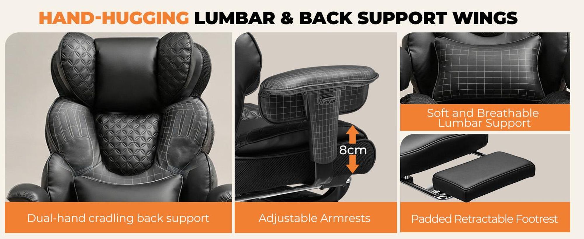 COMHOMA Ergonomischer Gaming Stuhl, Bürostuhl 180 kg, mit Verstellbarer Lendenstütze & Fußstütze, Hybrid-Design aus Kunstleder & Mesh, Chefsessel
