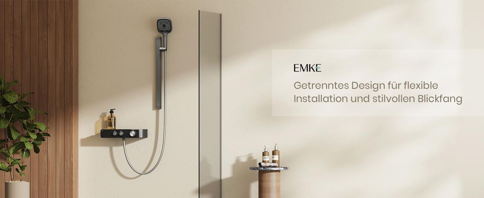 EMKE Duschsystem mit Thermostat geteilt Matt Anthrazit höhenverstellbar Duschstange 3 Strahlarten Handbrause Wasserfluss einstellen Flexibler Montage