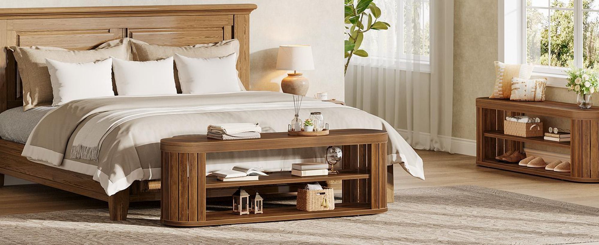 Banc d'entrée Tribesigns en bois de 120 cm avec étagère à chaussures à deux niveaux, de style rustique avec repose-pieds réglables, pour chambre à coucher ou couloir, marron