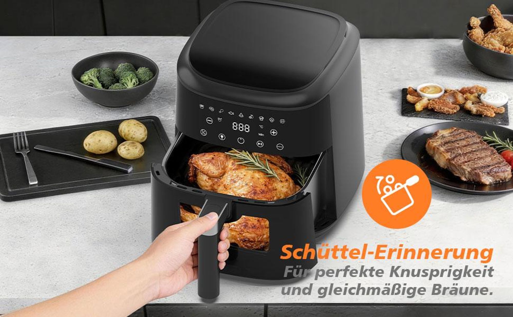 Heißluftfritteuse, 1650W Friteuse ohne Öl mit Metall-Innenraum, 6 L mit beleuchtetem Sichtfenster, 9 Kochvoreinstellungen, spülmaschinenfest