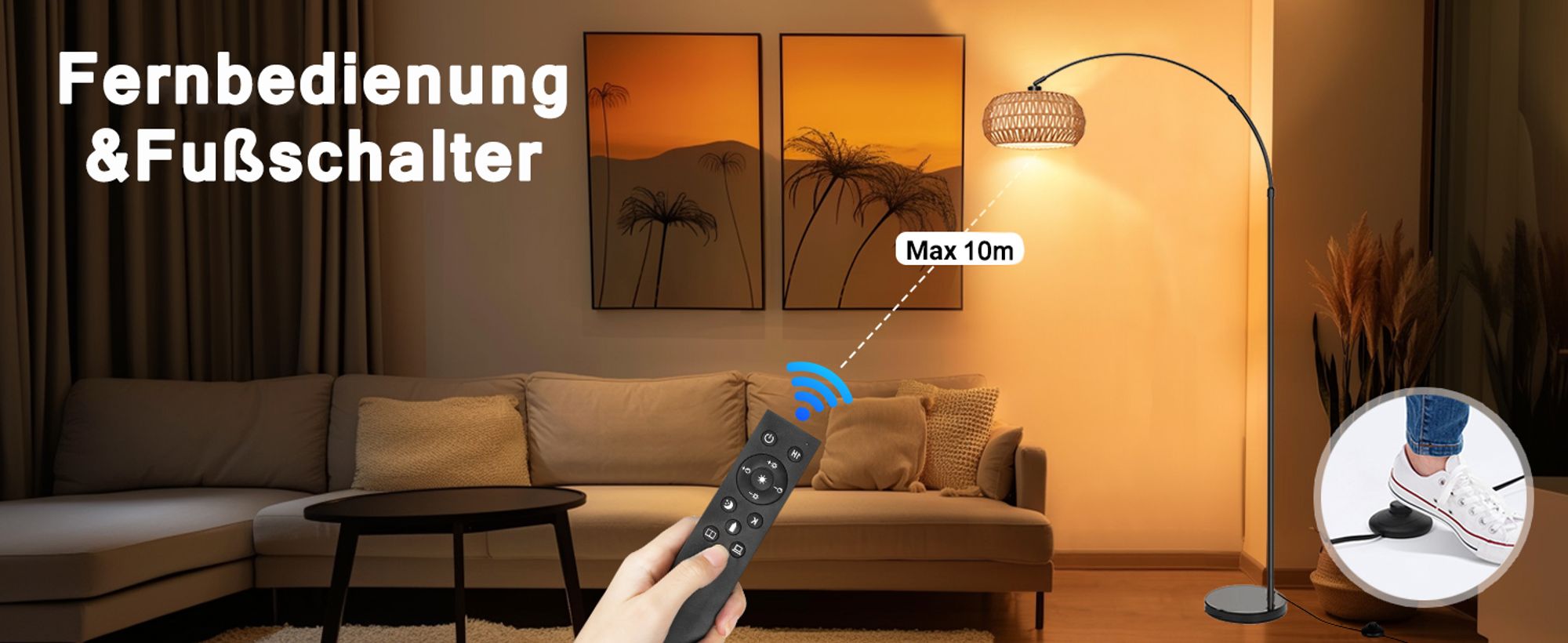 Rattan Stehlampe Boho Dimmbar Stehleuchte App-Steuerung Höhenverstellbar Standleuchte mit Fernbedienung für Schlafzimmer Wohnzimmer Büro