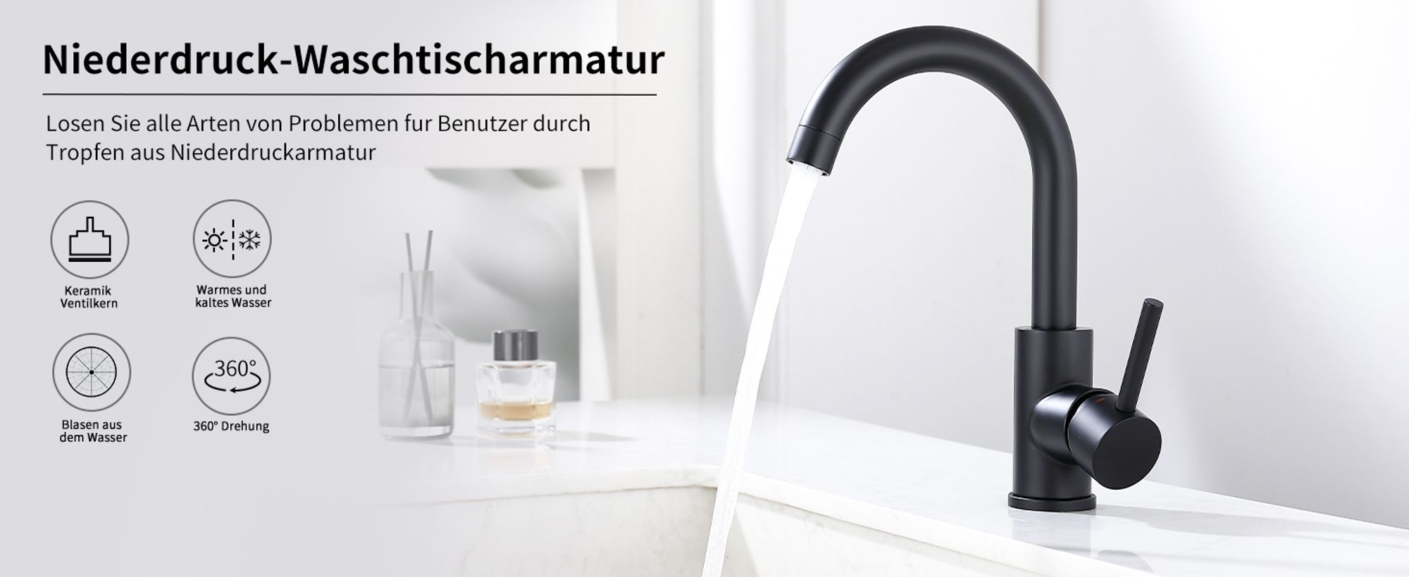 Niederdruck Wasserhahn Küche, Wasserhahn 360° Drehbar Küchenarmatur Niederdruck aus Edelstahl, Spültischarmatur für Spüle Boiler oder Untertischgeräte