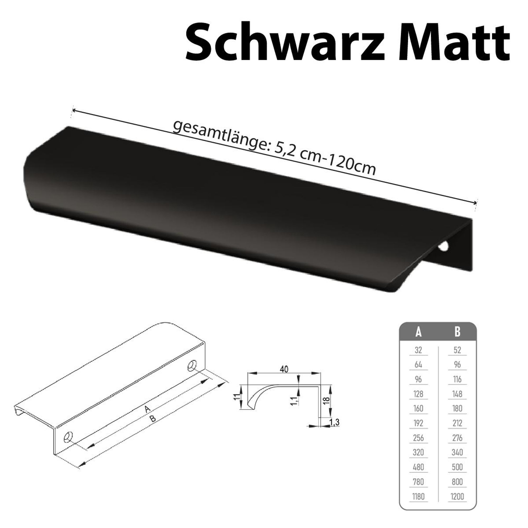 Aluminium Möbelgriff Griffleiste Schwarz Matt 340 mm (Bohrlochabstand 320 mm)