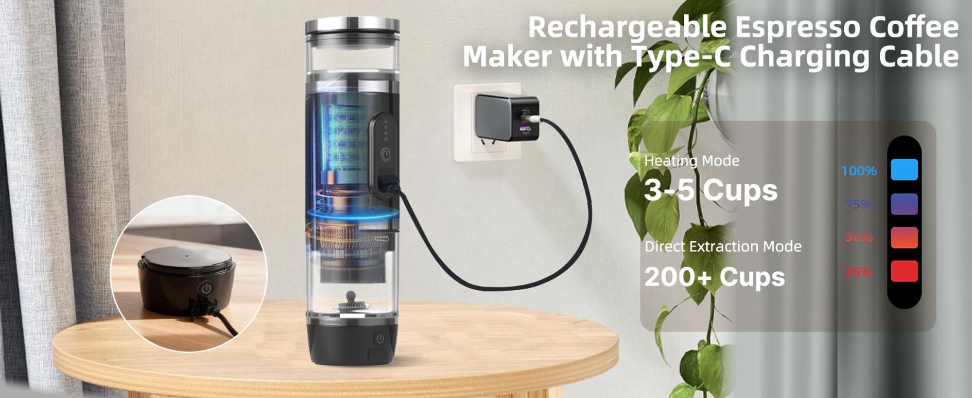 Tragbare Kaffeemaschine mit Milchaufschäumer 3-in-1, 20 Bar Espressomaschine, 93°C Selbsterhitzend, 7500mAh Akku, Ideal für Camping, Auto & Reisen