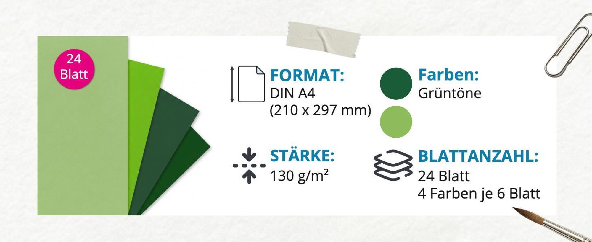 itenga Tonpapier - A4 130 g/qm 24 Blatt - Grüntöne - 4 Farben je 6 Blatt
