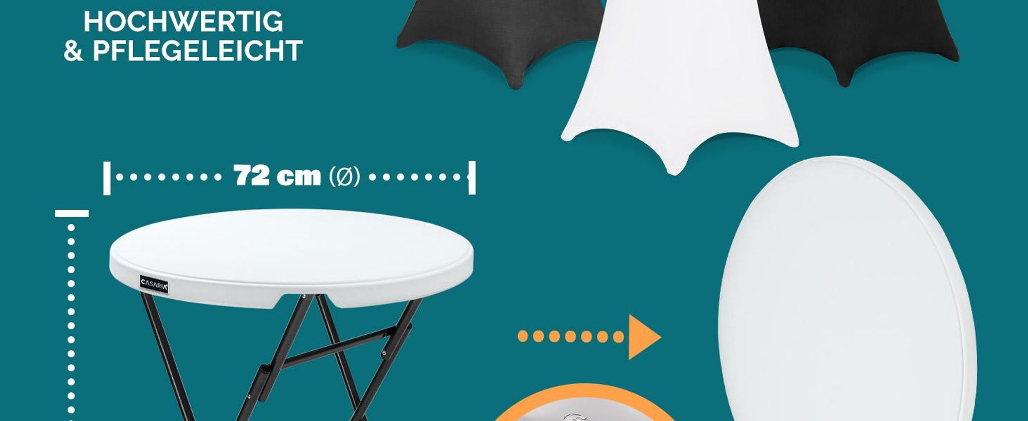 CASARIA® Stehtisch mit Husse Weiß 72 cm Set Klappbar Bistrotisch Rund 110 cm Hoch Outdoor Klapptisch Wetterfest Garten Partytisch Bartisch Hochzeit