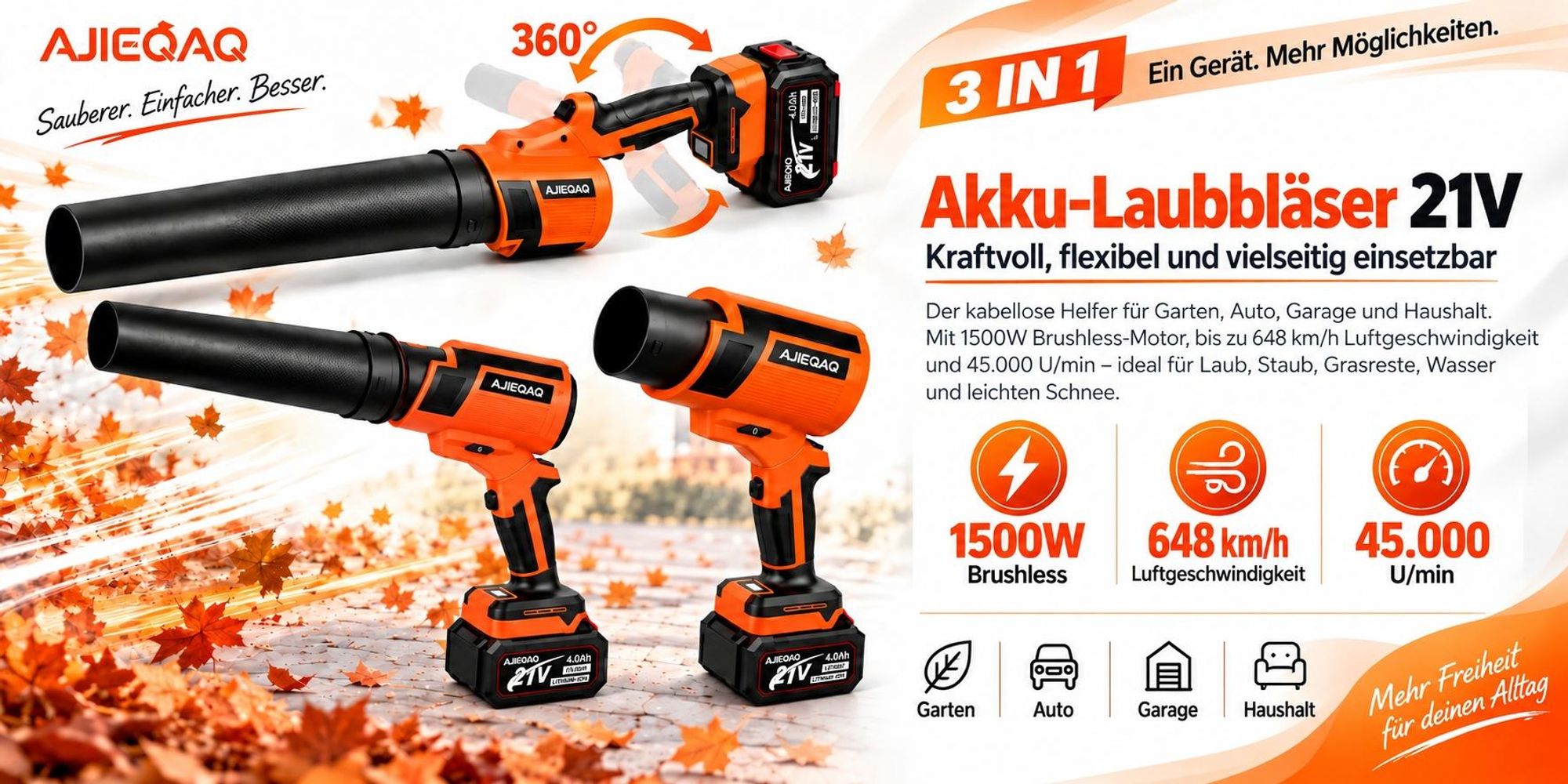 Akku-Laubbläser 21V Brushless, 1500W, 648 km/h, 6 Stufen + Turbo, 2×4,0Ah Akkus, 360° Griff, für Laub, Schnee, Auto & Trocknen