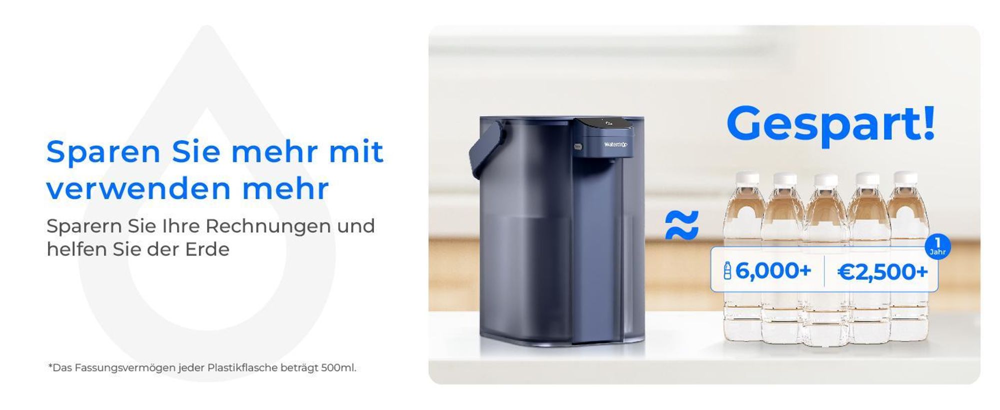 Waterdrop Instant Eletric Wasserfilter Kanne, 3.5L 3 Monate Wasserfilter Outdoor Trinkwasser System, Blau(mit 4 757 Liter Filter)