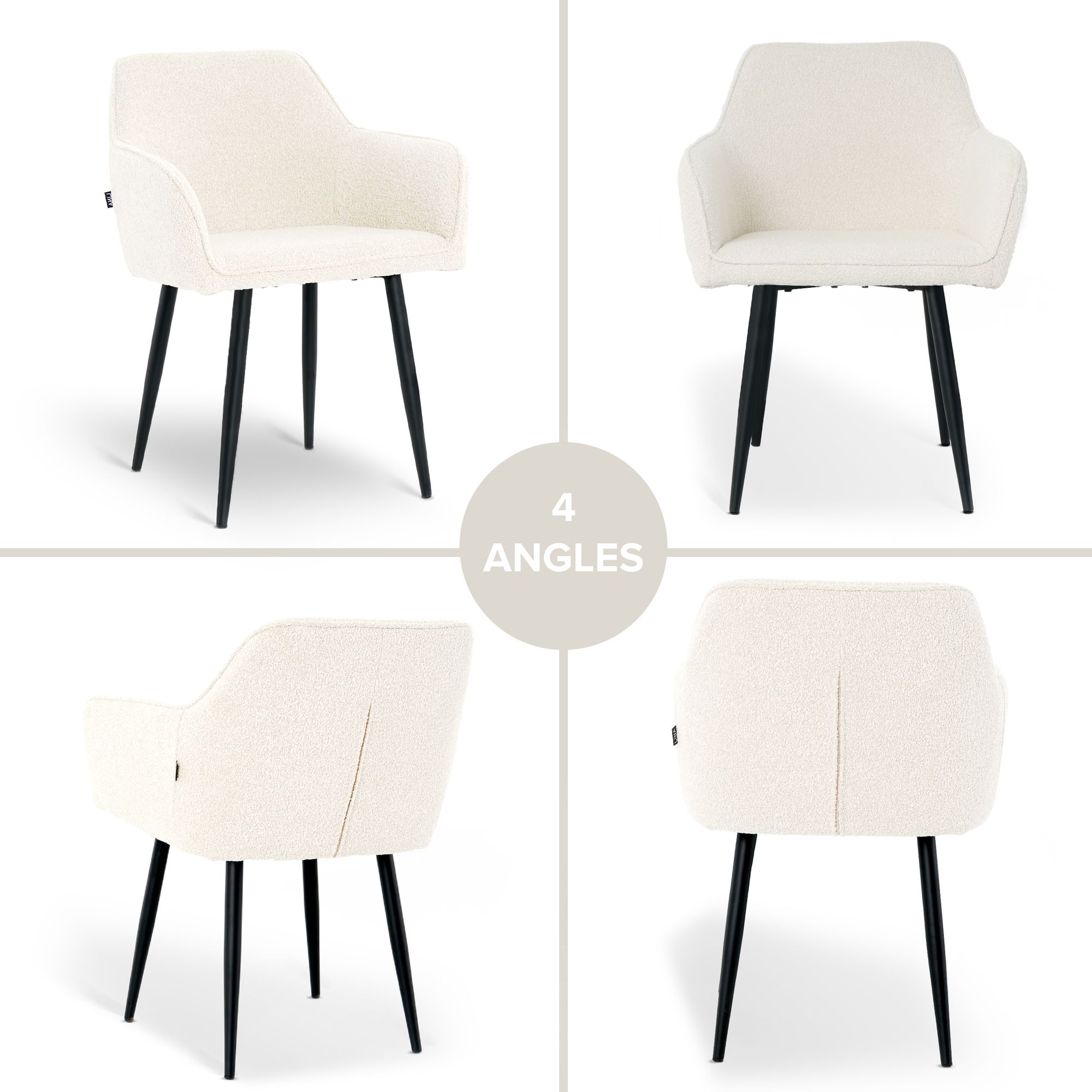 Lina® Diamond Esszimmerstühle 6er Set Bouclé Creme mit Armlehnen – Stilvoll für Esszimmer, Büro und Küche mit schwarzen Metallbeinen