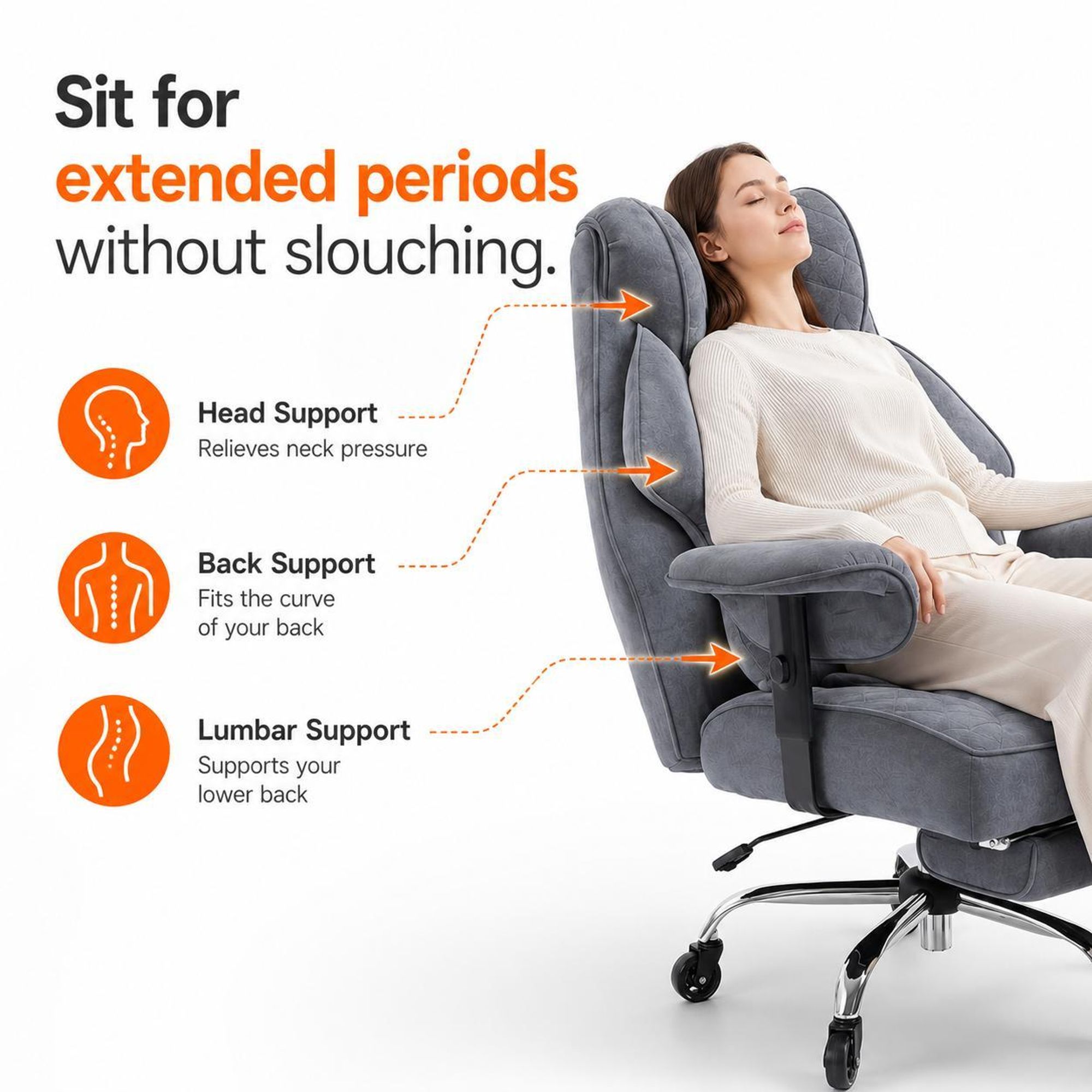 Bürostuhl mit Kopf-, Rücken- und Lendenstütze für ergonomisches Sitzen