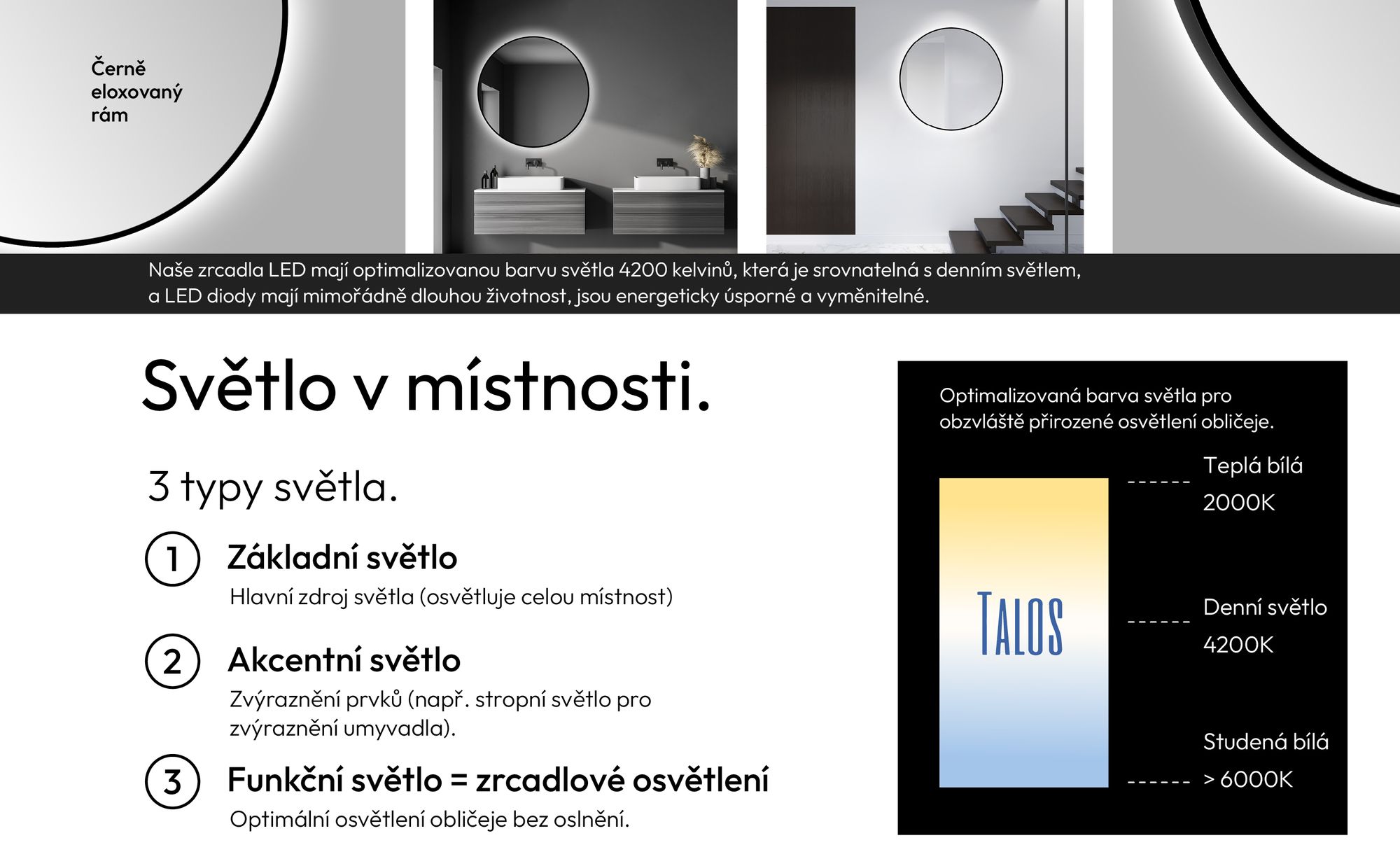 Koupelnové zrcadlo kulaté TALOS black oros Ø 100 cm - kulaté nástěnné zrcadlo v matné černé barvě - koupelnové zrcadlo kulaté s vysoce kvalitním hliníkovým rámem - nepřímé LED světlo