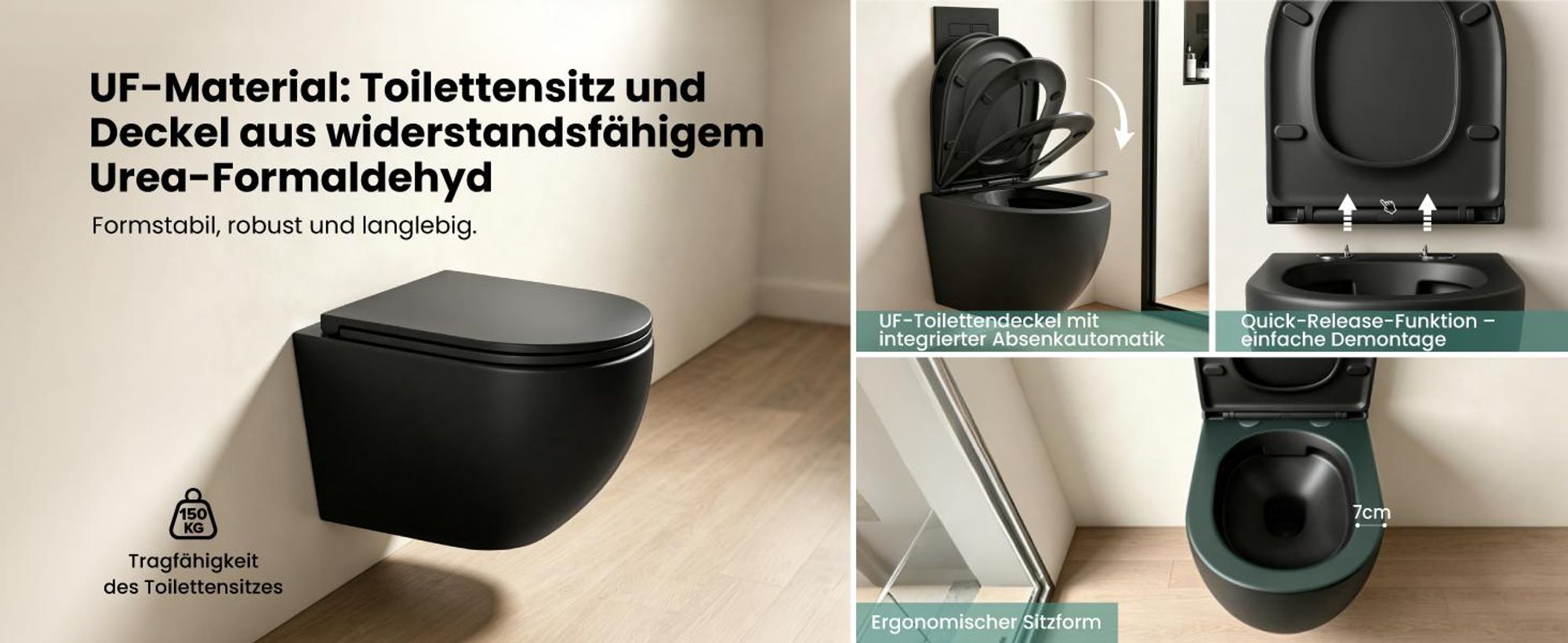 Mai & Mai Hänge WC schwarz matt mit Softclose Sitz | Wand WC aus keramik spülrandloses WC BTH: 36x50x36cm Aachen179