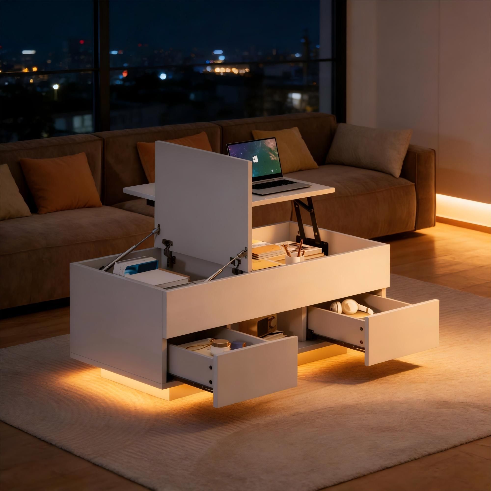 Merax Couchtisch Hochglanz mit LED, höhenverstellbare Sofatisch mit 2 Schubladen und Stauraum, Wohnzimmertisch mit klappbare Tischplatte, Weiß