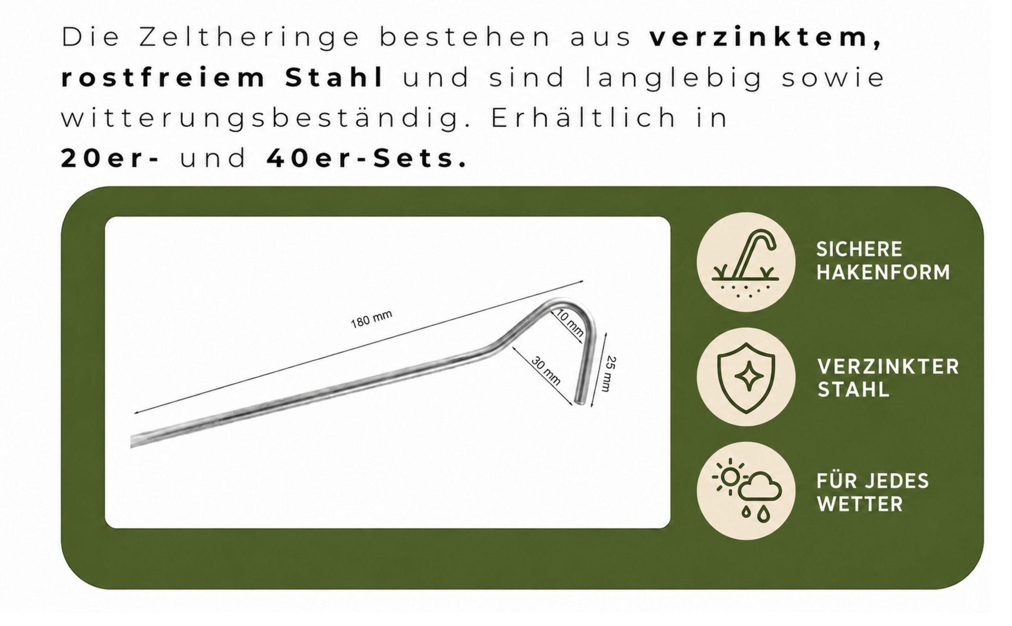20 Stück Heringe Erdnagel Ø 4 mm Stahl Verzinkt Bodenanker Zeltheringe 18 cm Zeltnagel Erdnägel