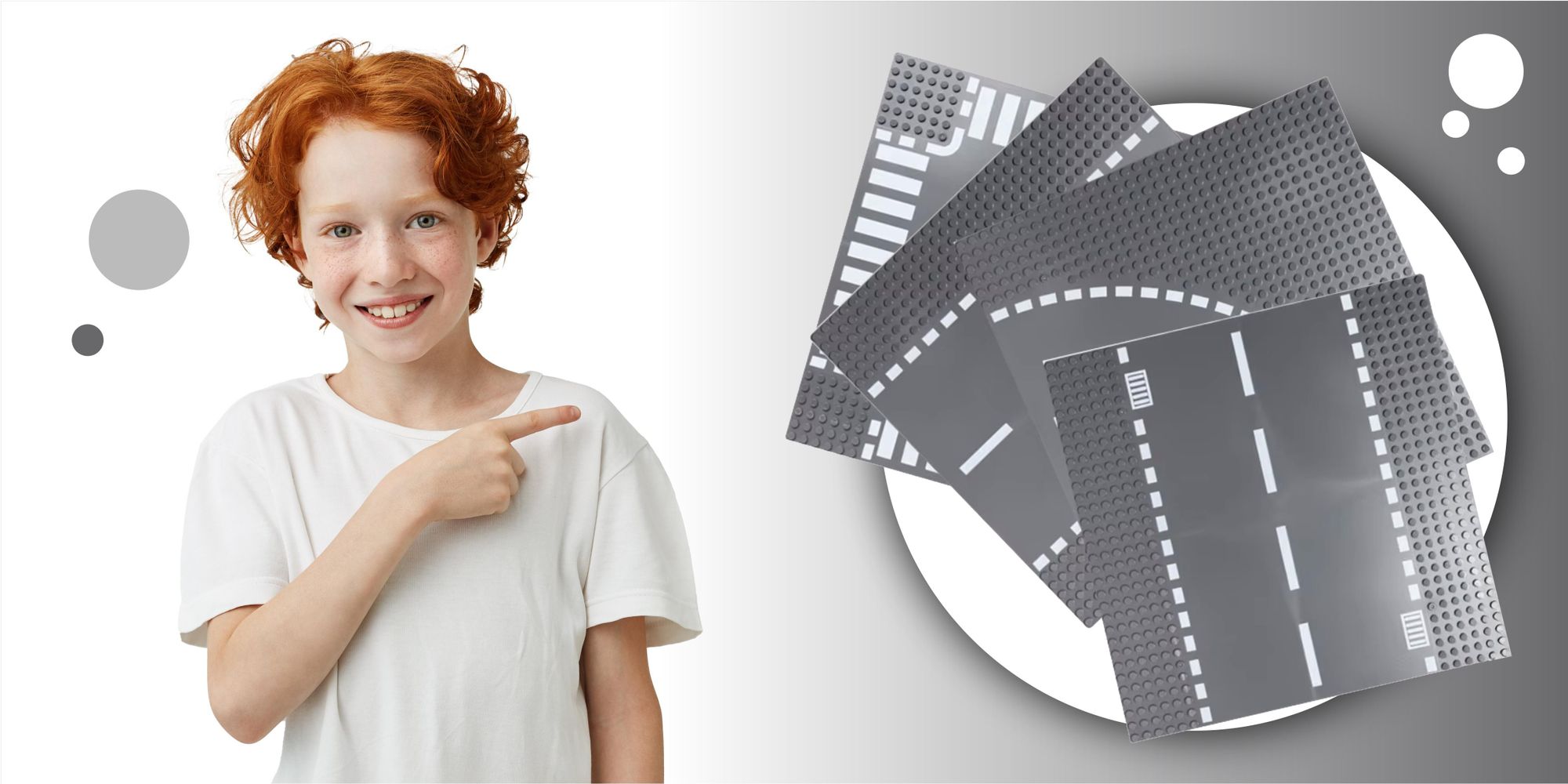 Bauplatte Straße Kurve 32x32 Noppen, Straßenplatte kompatibel mit gängigen Bausteinen, 25,6 x 25,6 cm, EVI KIDS, Grau