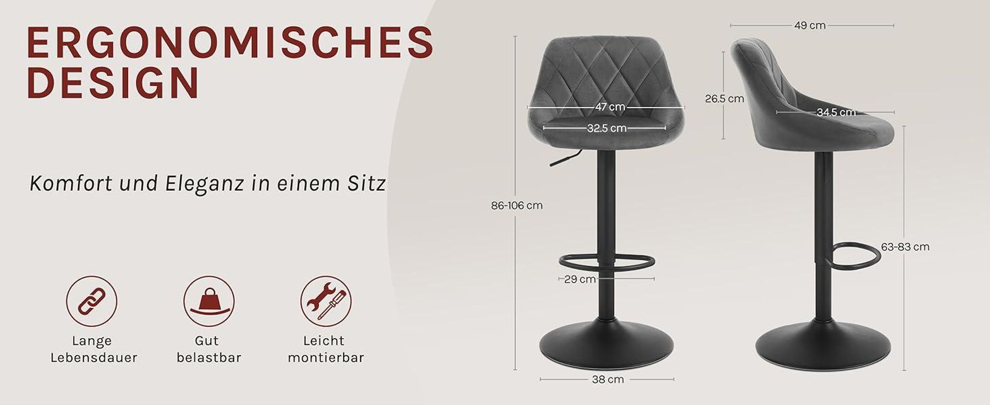 WOLTU Barhocker Barstuhl, Gute gepolsterte Sitzfläche aus Samt, Höhenverstellbar, 360° Drehbar, Dunkelgrau