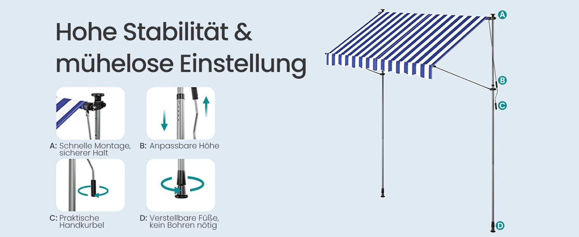 SONGMICS Klemmmarkise höhenverstellbar, Balkonmarkise mit Handkurbel, für Terrasse, Garten, 250 x 120 cm, blau-weiß