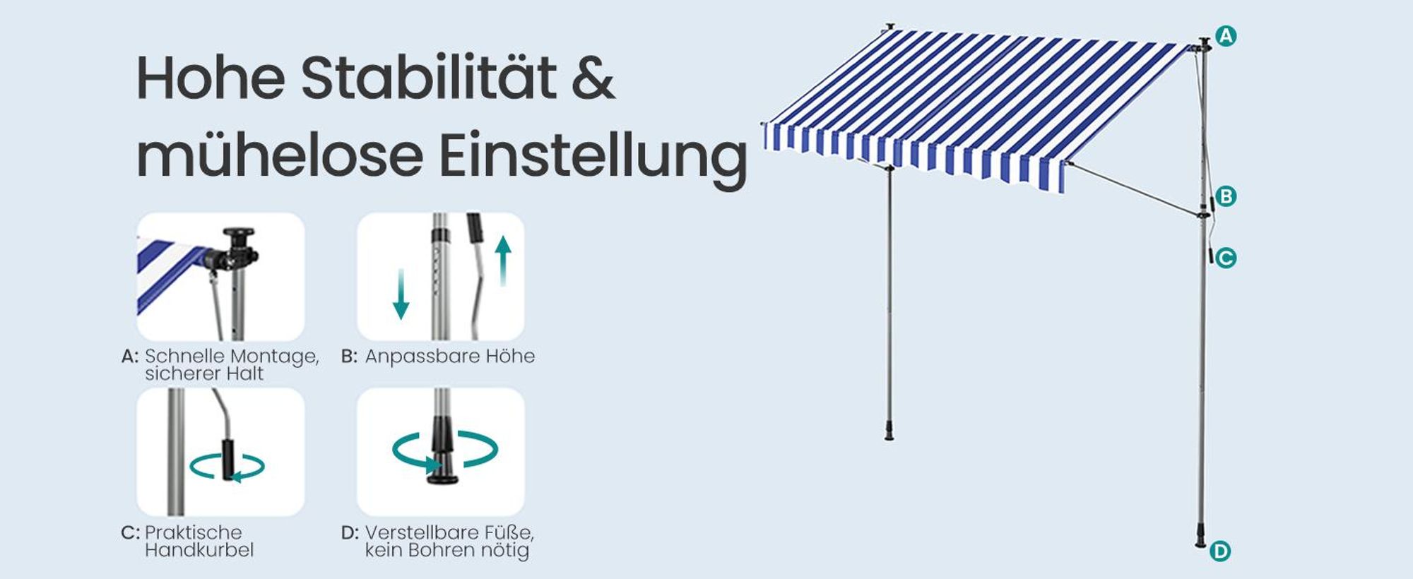 SONGMICS Klemmmarkise höhenverstellbar, Balkonmarkise mit Handkurbel, für Terrasse, Garten, 300 x 120 cm, blau-weiß