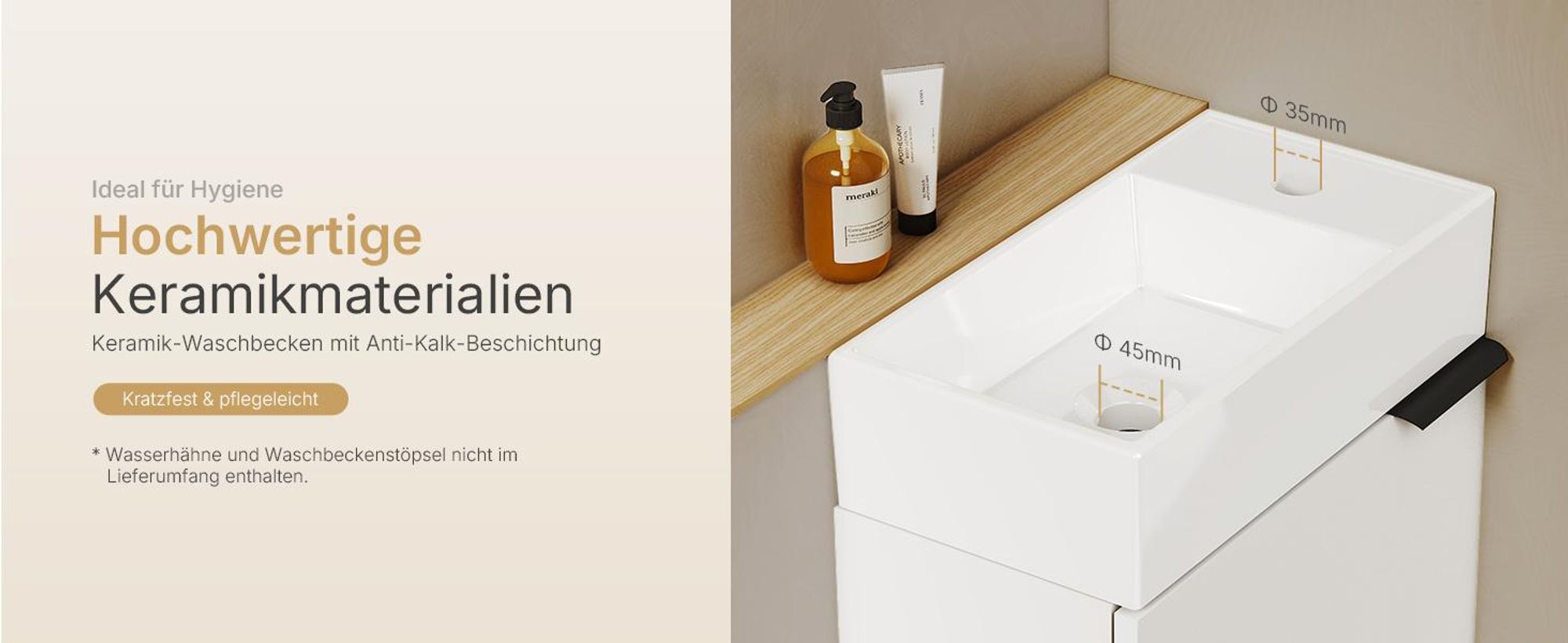 EMKE Waschbeckenunterschrank mit waschbecken 417×240×646 mm wandhängend, Badezimmerschrank, Waschtischunterschrank Soft-Close, Weiß