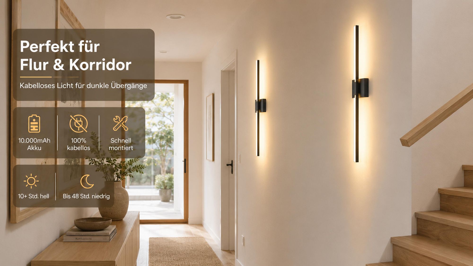 100cm Innen Akku Wandlampe mit Fernbedienung & Schalter, Kabellos Wandleuchte, Dimmbar, 360° schwenkbar, für Wohnzimmer/Schlafzimmer/Flur/Treppenhaus 2er Pack