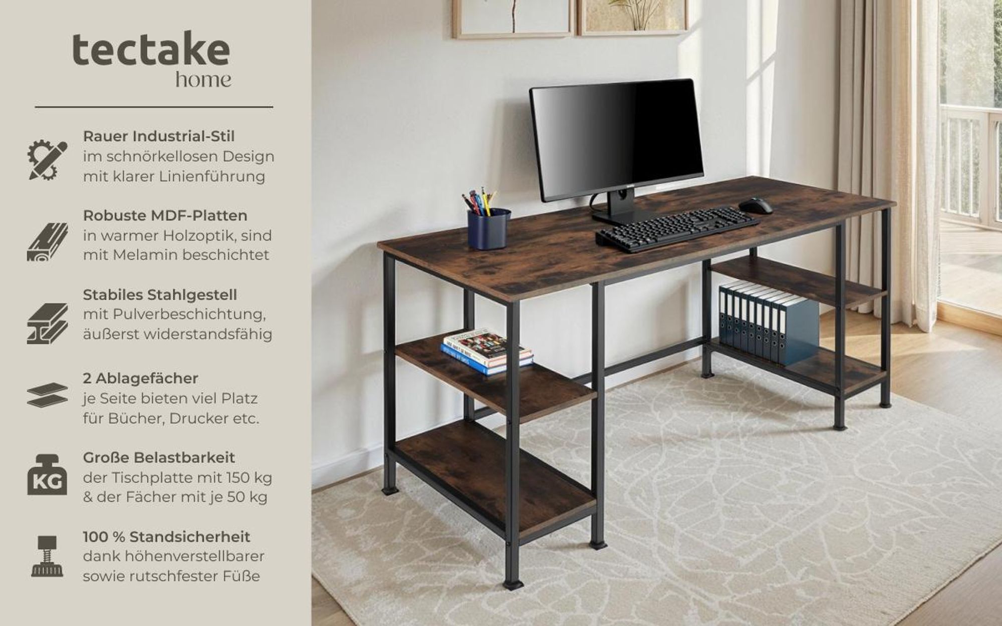tectake® Computer-Schreibtisch Stoke 137 x 55 x 75 cm
