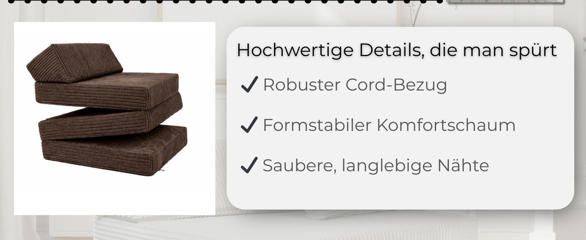 Klappmatratze mit Kopfteil aus Cord Klappbar, Bezug waschbar, mit Kissen